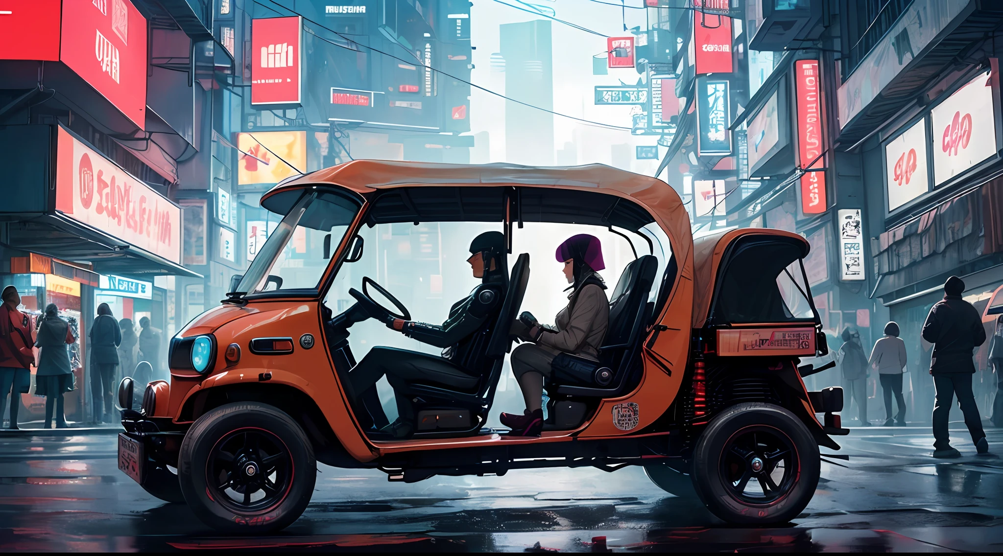 (at late night:1.3), , (detailed beautiful skin textures, detailed beautiful face, ultra detailed clothing textures), , (Cyberpunk:1.4), , (an ultra detailed four-wheeled and long bonnet tuk-tuk and letter-tires), , (3/4 Side view, The car is in the center of the frame), , (at parking area, at ultra detailed Night City of Cyberpunk), (All cars are classic cars with cyberpunk costumed), , (soft lighting), , (masterpiece, best quality:1.4, 128k, ultra detailed, illustration, distinct_image, intricate_details, delicate illustration), (realistic:0.15),