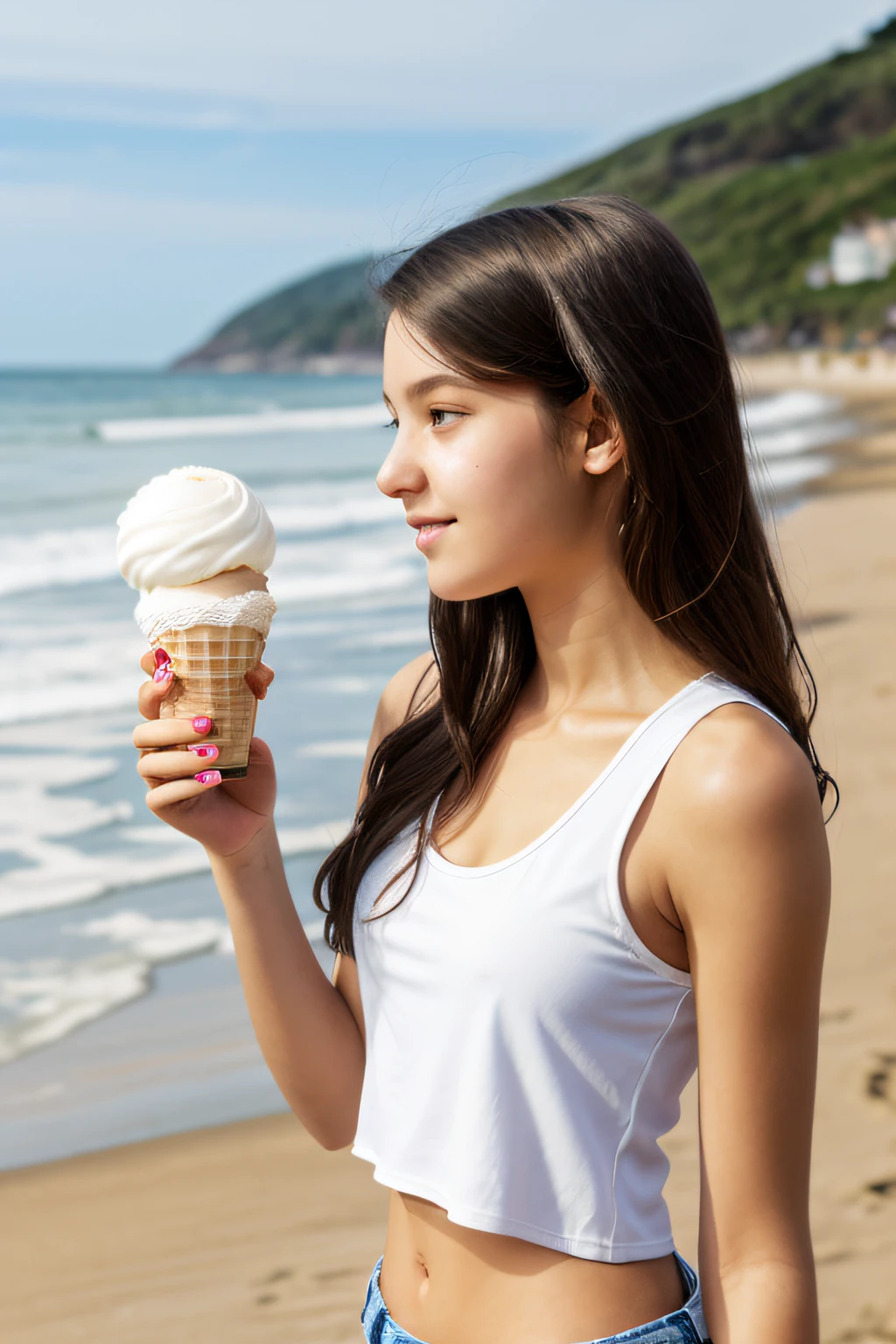 Tall figure, fair complexion, clear eyelids, bright eyes, dark brown wavy hair, wearing white navel-less tank top and blue skinny jeans holding ice cream in hand, student showing beautiful facial details and skin texture. Looking back, 1 girl with a beach by the sea in the background. --auto