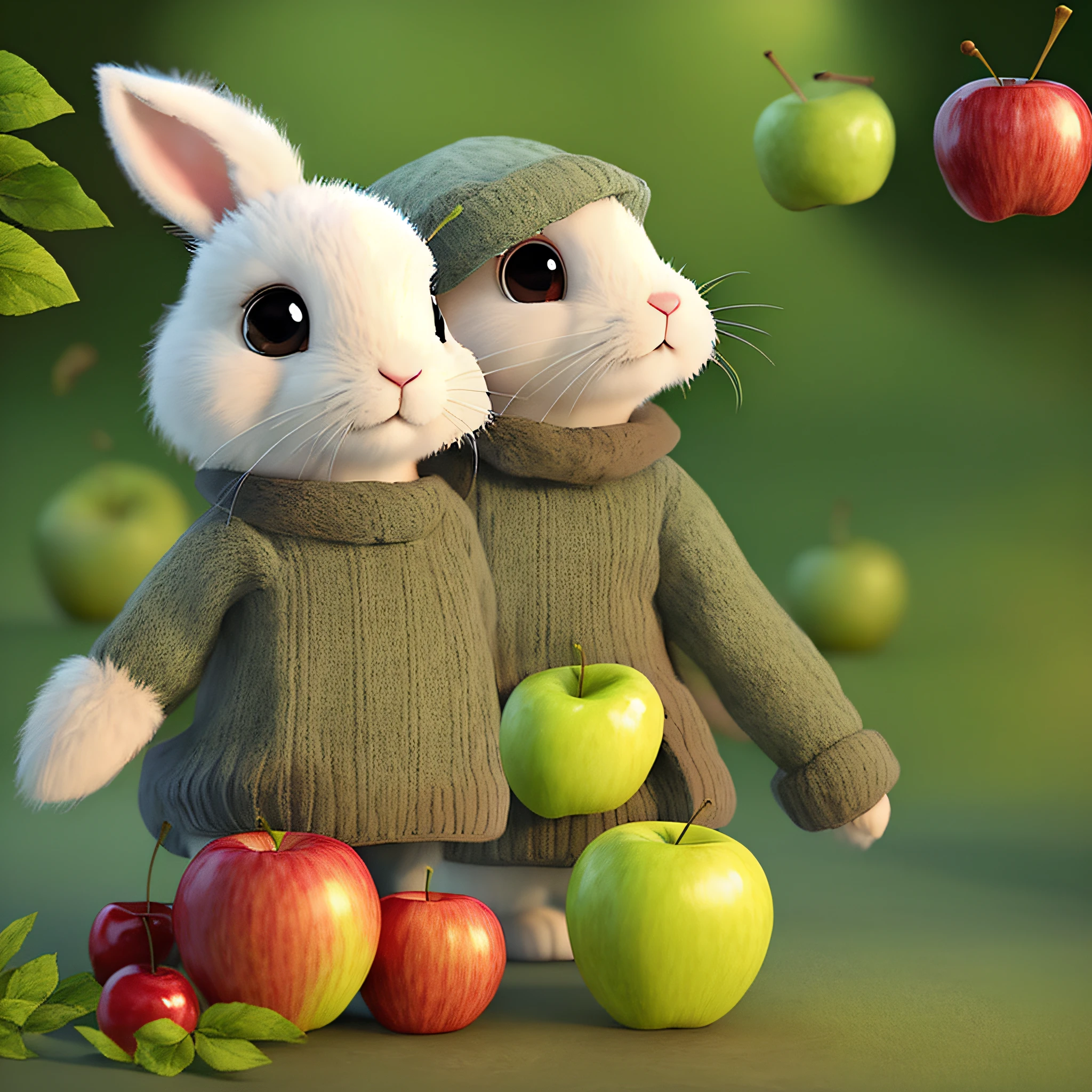 rabbit with a sweater and hat and a cherry in front of apples, cute 3 d render, adorable digital painting, cute anthropomorphic bunny, cute digital art, cute detailed digital art, cute! c4d, cute character, cute cartoon character, 3 d render stylized, super detailed render, rabbt_character, cute forest creature