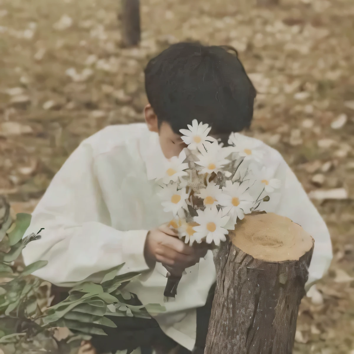 there is a young boy holding a bunch of flowers in his hands, with flowers, sitting with flowers, holding flowers, flowers growing out of his body, holding daisy, 🍁 cute, holding a flower, there are flowers, carrying flowers, kim doyoung, male ulzzang, picking up a flower, jinyoung shin aesthetic, in a field with flowers