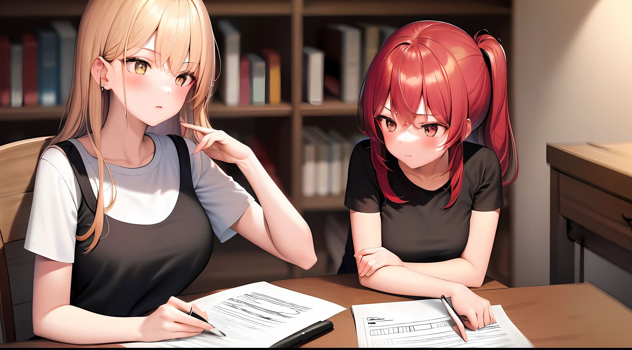 masterpiece, best quality, high resolution, one girl, loose t-shirt, girl sitting on chair studying drafting at desk, horizontal angle, serious study, paperwork, good luck studying, drafting, cute, pretty red hair, architect sleepiness
