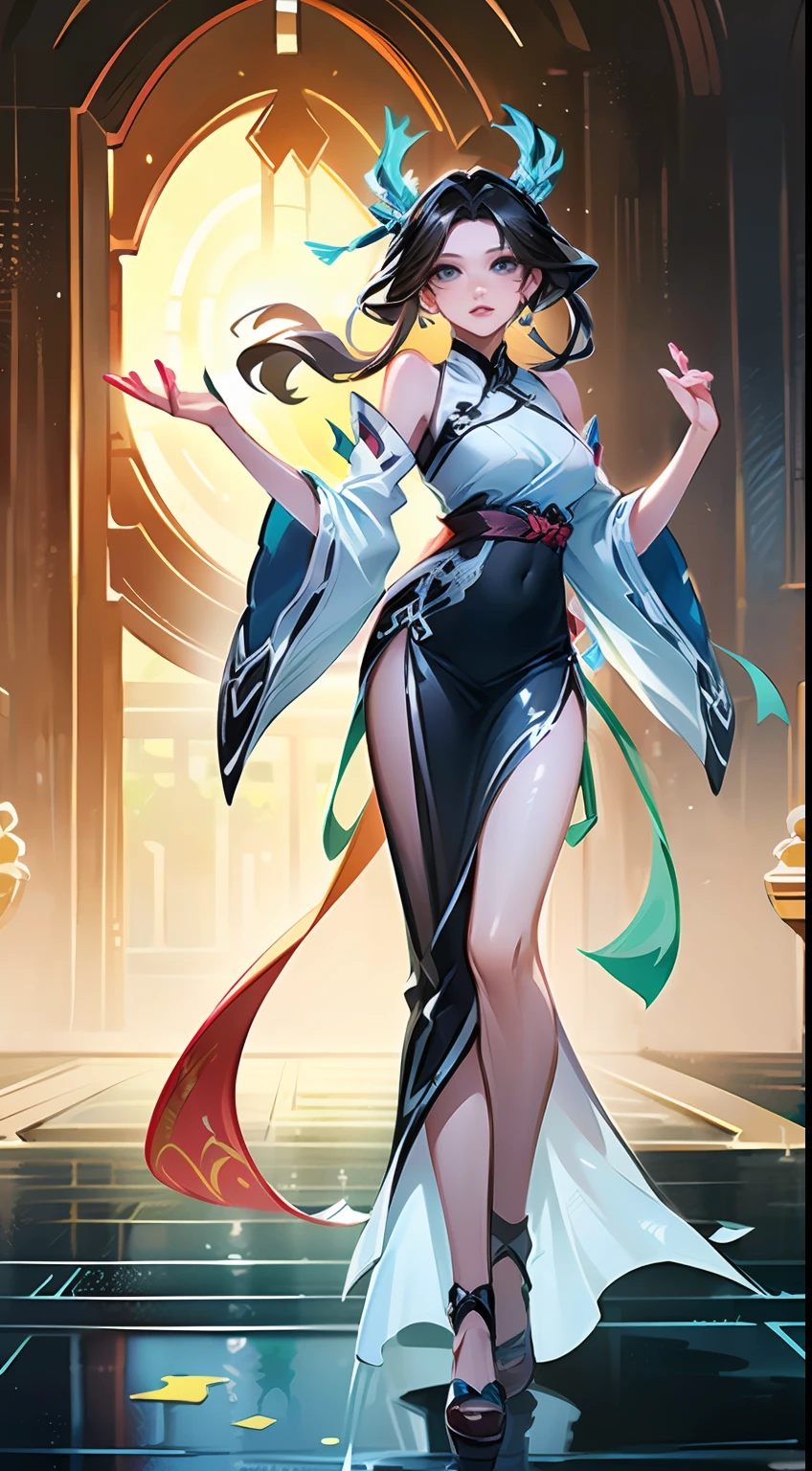 (Masterpiece, Top Quality, Best Quality), ((Wuxia World, Xiuxian, Chinese Wuxia,)), (1 Girl Solo), (Gentle Eyes), (Hanfu, Tulle Streamer), (Hairpin, Long Black Hair), (Hanfu), Light Pink Lips, (Young), Earrings, White Skin, (Clear Facial Features, Detailed Skin Texture, Beautiful Face, Facial Highlight, Perfect Full Body Portrait), White Background, Standing,, Facing the Audience, Color Ink Painting, Splash Color, Sketch, Denoise, Splash Ink, Slim Figure, 8K uhd, DSLR, soft light, high quality, high resolution, (very detailed CG unity 8k wallpaper)