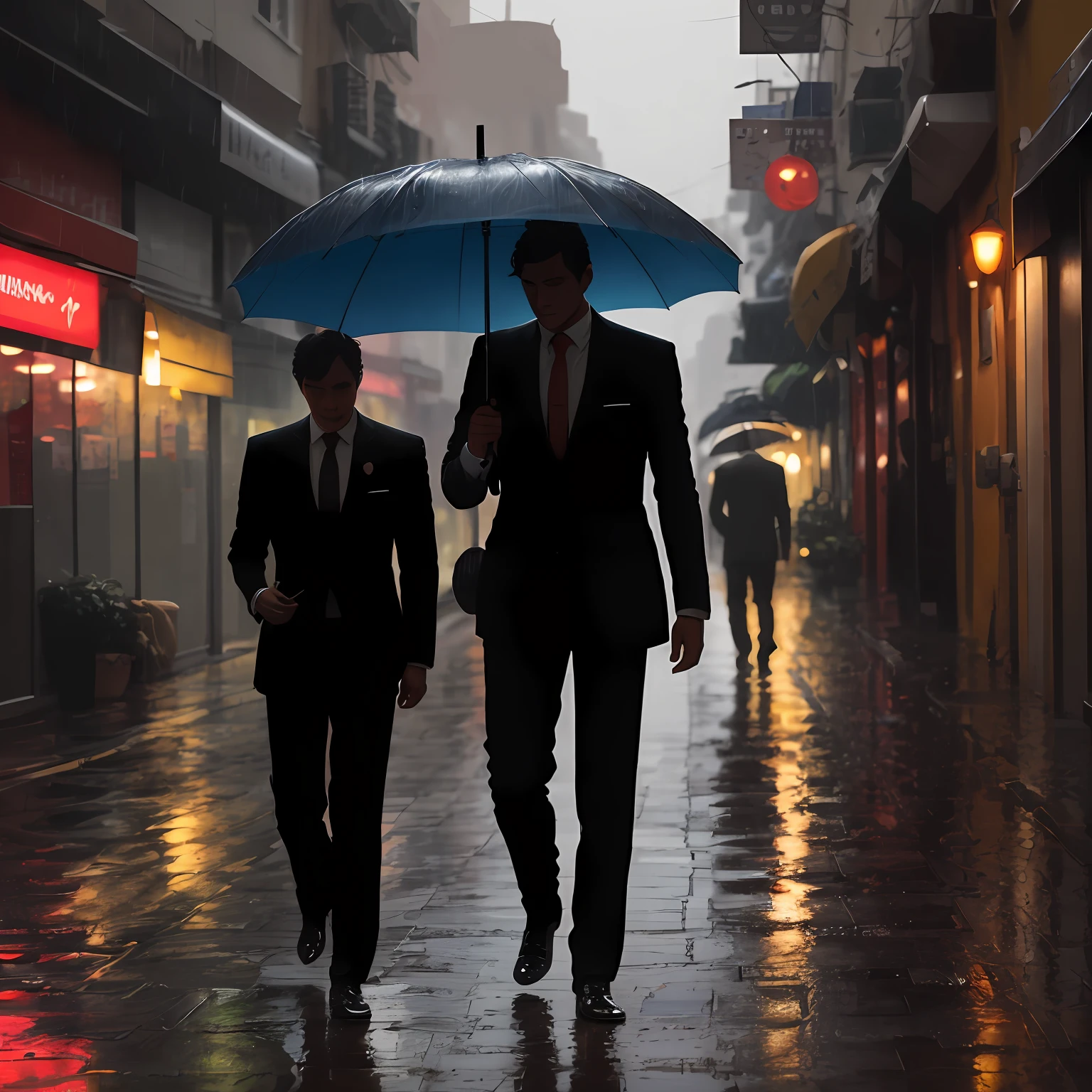 a man with suits, hanging umbrella, walks in the rain, in a city street. --auto
