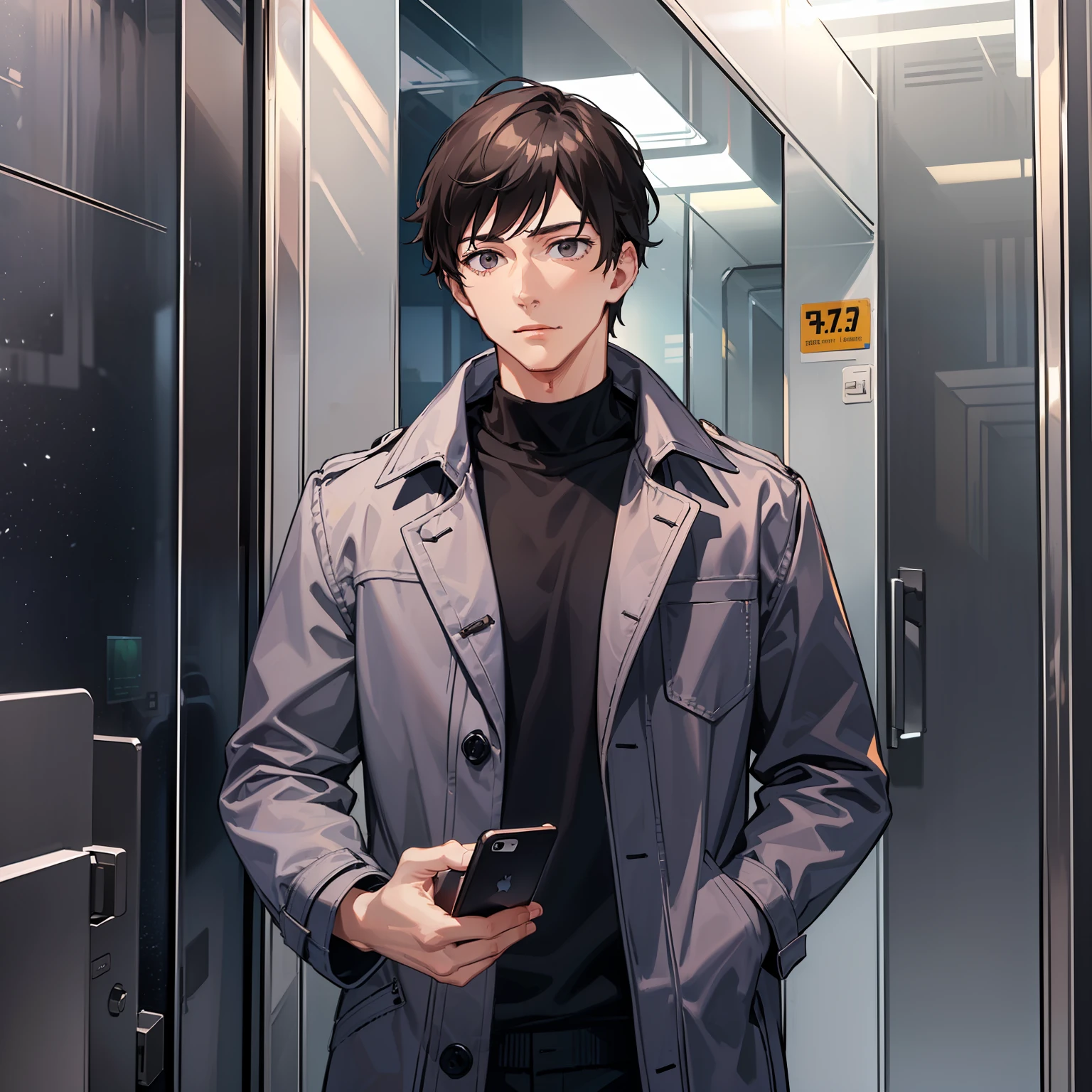 (A man in a casual coat 1.4)
(Look down at your phone 1.4)
(shows upper body 1.3)
(Display mobile screen 1.3)
(1.4 in the elevator)