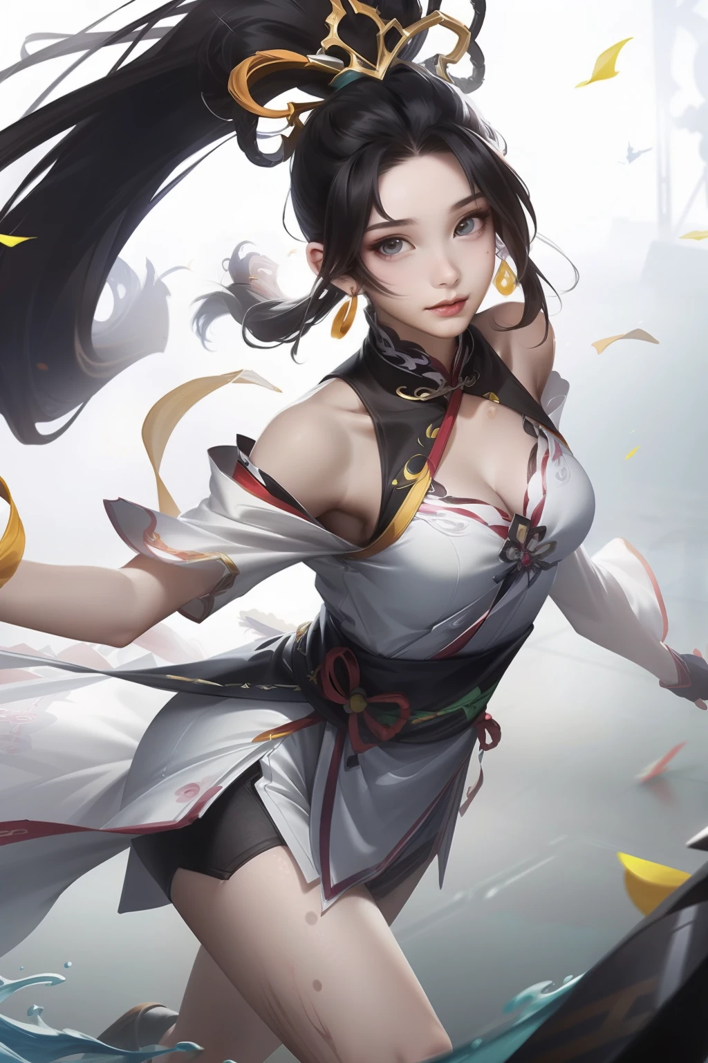 Realism, (Masterpiece, Top Quality, Best Quality), ((Wuxia World, Xiuxian, Chinese Wuxia,)), (1 Girl Solo), (Gentle Eyes), (Hanfu, Tulle Streamer), (Hairpin, Long Black Hair), (Hanfu), Light Pink Lips, (Young), Earrings, White Skin, (Clear Facial Features, Detailed Skin Texture, Beautiful Face, Facial Highlight, Above Legs), White Background, Standing, Facing the Audience, Slim Figure, Color Ink Painting, Splash Color, Sketch, Denoise, Splash Ink, 8k uhd, DSLR, soft light, high quality, high resolution, (very detailed CG unity 8k wallpaper)