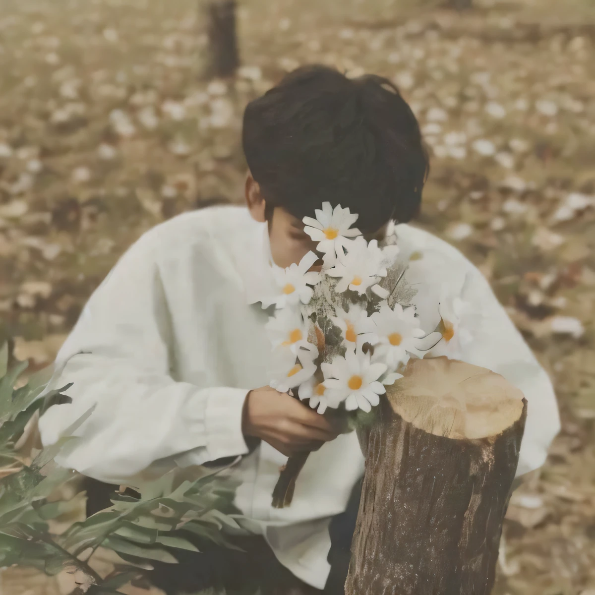 there is a young boy holding a bunch of flowers in his hands, with flowers, sitting with flowers, holding flowers, flowers growing out of his body, holding daisy, 🍁 cute, holding a flower, there are flowers, carrying flowers, kim doyoung, male ulzzang, picking up a flower, jinyoung shin aesthetic, in a field with flowers
