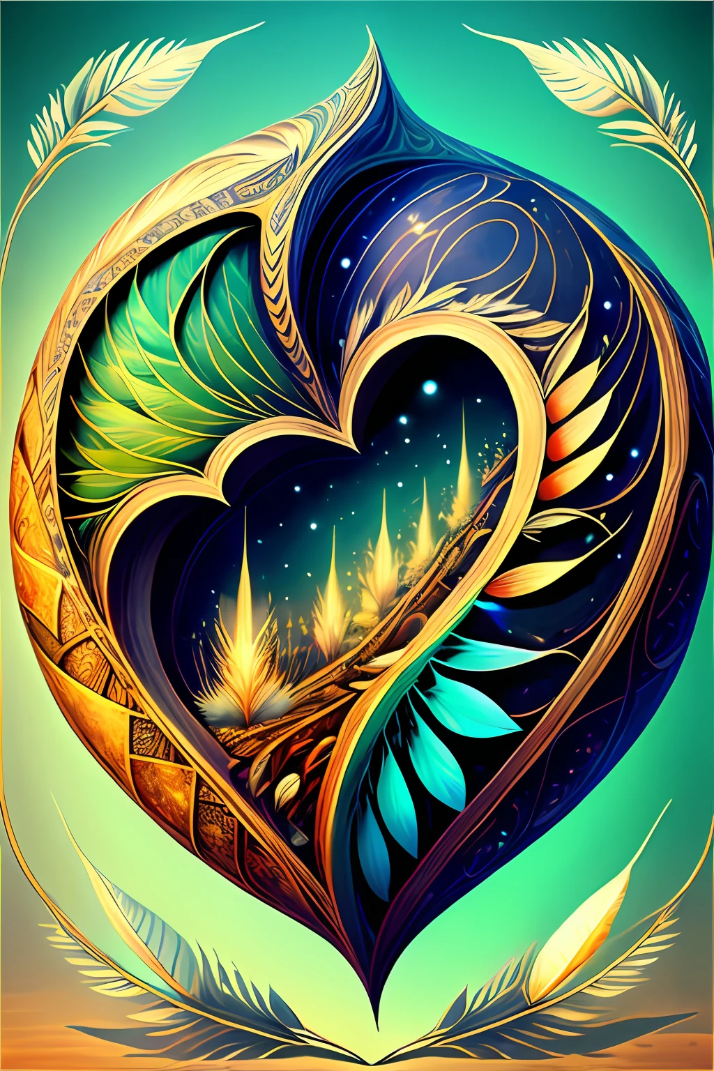 big earth, heart, feather, love, security, warmth, radiance, guidance, mystery, protected