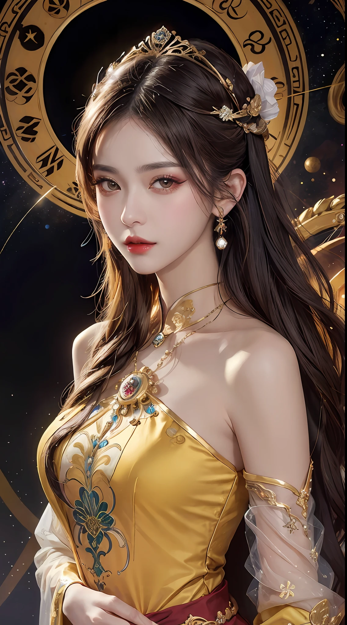 1 27-year-old girl, 1 zodiac goddess from the future, goddess of the pink and purple 12 zodiacs, the goddess of the zodiac in a yellow ao dai, a 12 zodiac ao dai with many black lace detail, mythology Goddess of the 12 zodiacs from the future, zodiac ♏, luxurious glittering zodiac style, dark and mysterious version, zodiac crown, lipstick lips red, thin and beautiful lips, Smile makes viewers fall in love, characters made by karol bak and pino daeni, intricate detail, detailed background, extremely detailed, light magic, a woman, clear face, look at the face of goddess zodialook at the zodiac goddess face, hair long with bangs, beautiful face in detail and well-proportioned eyes, (transparent yellow eyes: 1.8), big round eyes and very beautiful and detailed makeup, foresight, silk dress, mysterious makeup, double bangs and dyed light blonde, uper body, zodiac goddess uper body, arms hanging loosely, Realistic and vivid photo, (stars make up the zodiac: 1.7), (sky background zodiac and fictitious space and time portal: 1.8), fiction art, RAW photo, hanfu picture, best photo, best photo quality, 8k quality, 8k ultra, super realistic, real photo most economical, artistic portrait of goddess zodiac,