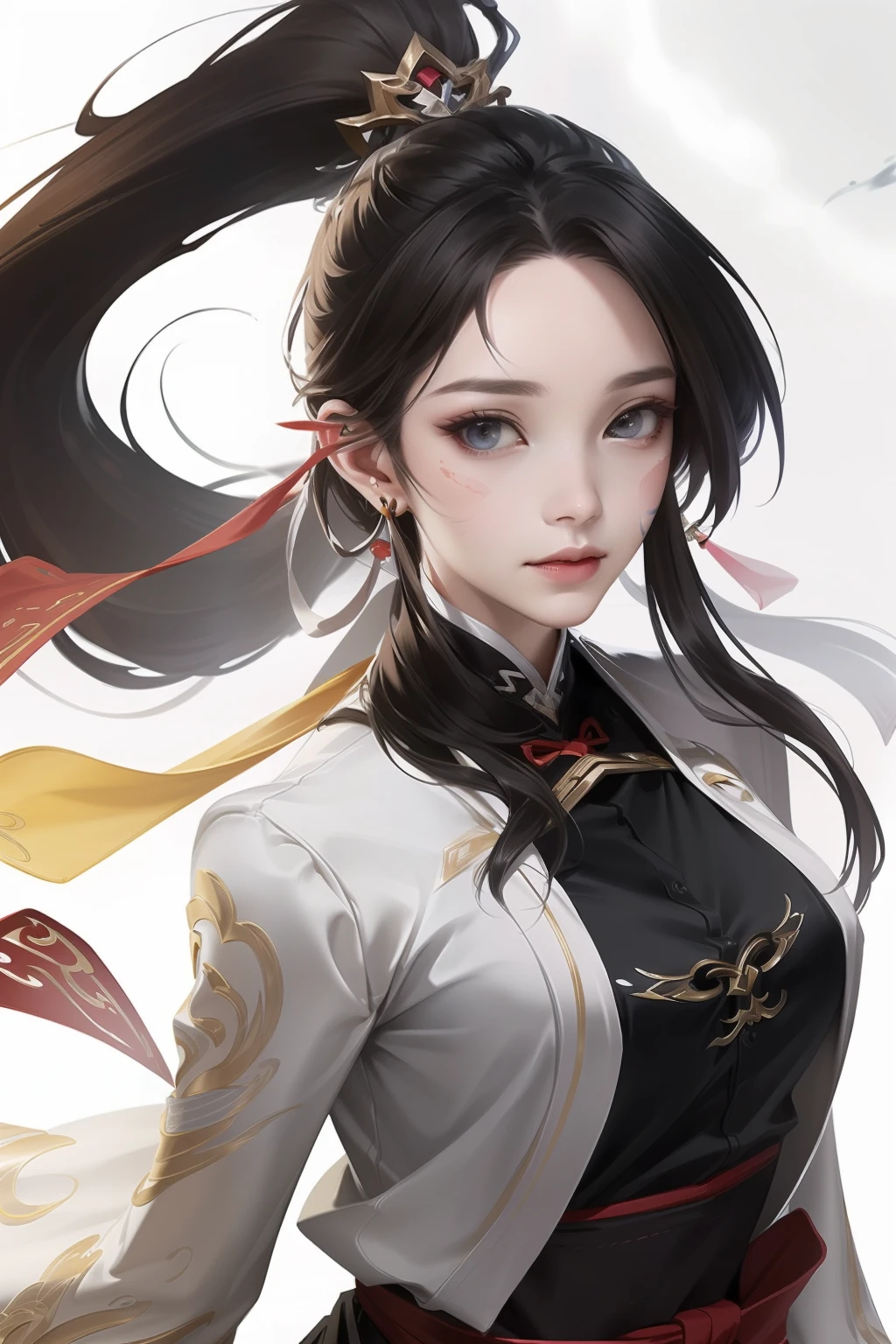 Realism, (Masterpiece, Top Quality, Best Quality), ((Wuxia World, Xiuxian, Chinese Wuxia,)), (1 Girl Solo), (Gentle Eyes), (Hanfu, Tulle Streamer), (Hairpin, Long Black Hair), (Hanfu), Light Pink Lips, (Young), Earrings, White Skin, (Clear Facial Features, Detailed Skin Texture, Beautiful Face, Facial Highlight, Above the Waist Up), White Background, Standing, Slim Figure, Colored Ink Painting, Splash Color, Sketch, Denoising, Splash Ink, 8k UHD, DSLR, soft light, high quality, high resolution, (very detailed CG unity 8k wallpaper)