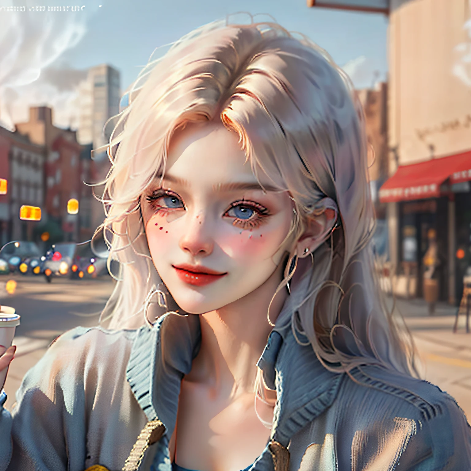 (masterpiece, best quality:1.4), (modern days), (cowboy shot), 1girl, solo, pov, sfw, stunning girlfriend, (standing:1.1), dynamic pose, (white oversized sweater, knit sweater:1.4), (skinny yoga pants, dark gray yoga pants: 1.4), (navy short jacket, denim jacket: 1.4), long blonde hair, bangs, heart-shaped face, elegant face, beautiful face, high detail face, high detail skin, skin pores, subsurface tering, (blue eye details), realistic pupils, plump breaving smile, looking at the audience, full blush, plump lips, holding a coffee cup, centered, coffee shop in background, city street, sunny day, wind, detailed background, depth of field, Atmospheric perspective, volumetric lighting, clear focus, absurd, realistic proportions, good anatomy, (realistic, hyper-realistic:1.4), 16k HDR,