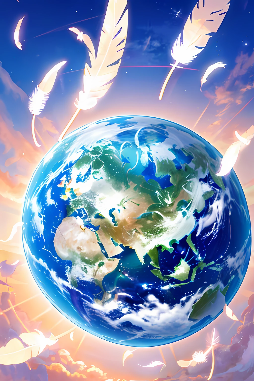 earth, feathers, enveloping, sparkling, beautiful, bright background, heaven, high image quality --auto
