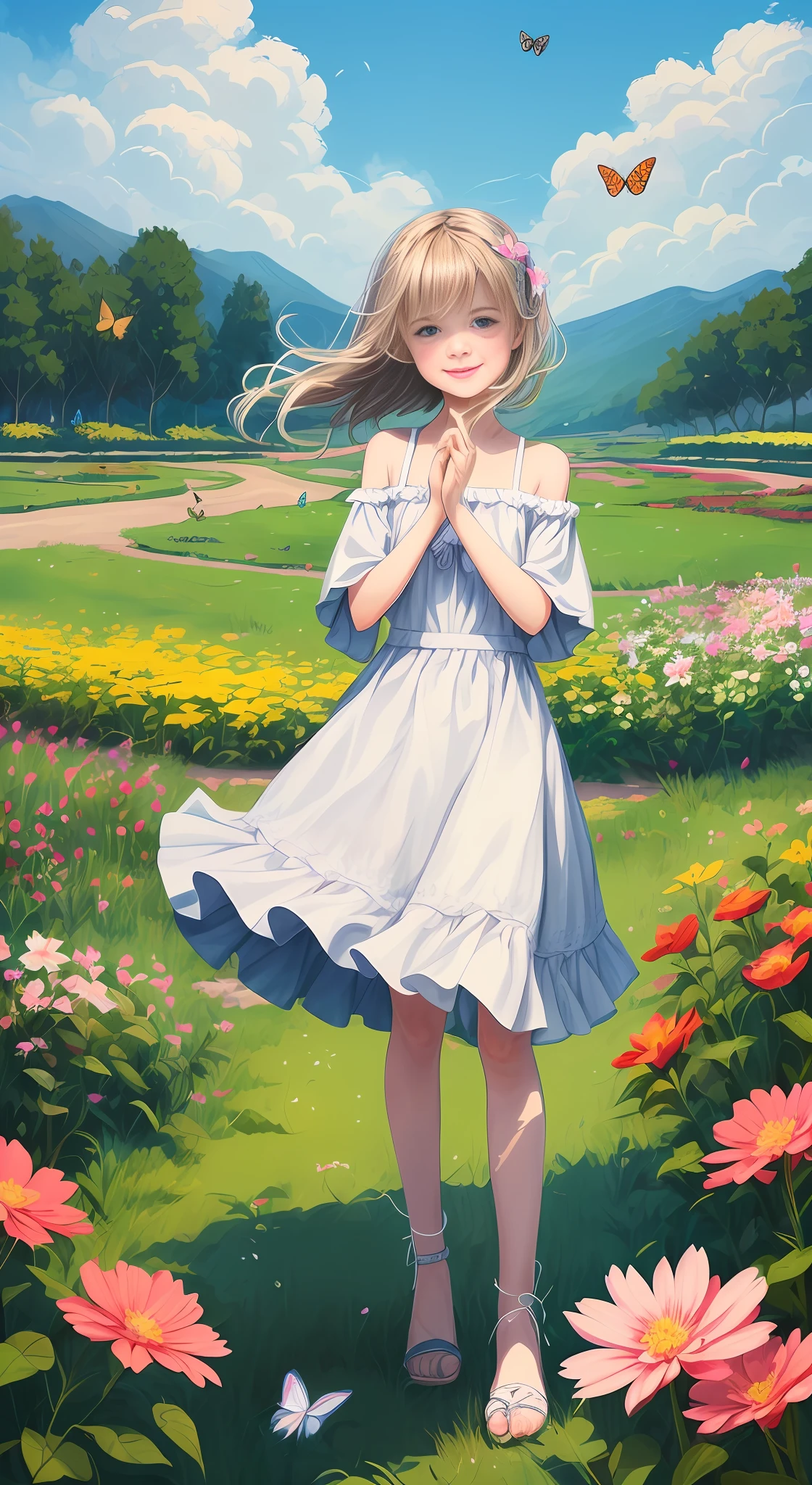 Illustration of a 10 year old blonde girl, "happy" in a field of flowers, blue sky of clouds, playing with butterflies, beautiful illustration, beautiful painting, beautiful UHD 4k art, beautiful art, a beautiful art illustration, art in the style of guweiz, beautiful painting, atey ghailan 8k, artgerm and atey ghailan, 10 year old blonde girl, happy in a field of flowers,  playing with butterflies, (butterflies). (best quality, masterpiece), 1girl, pose, particle, wind, flower, full body, garden background, looking at butterflies. --auto