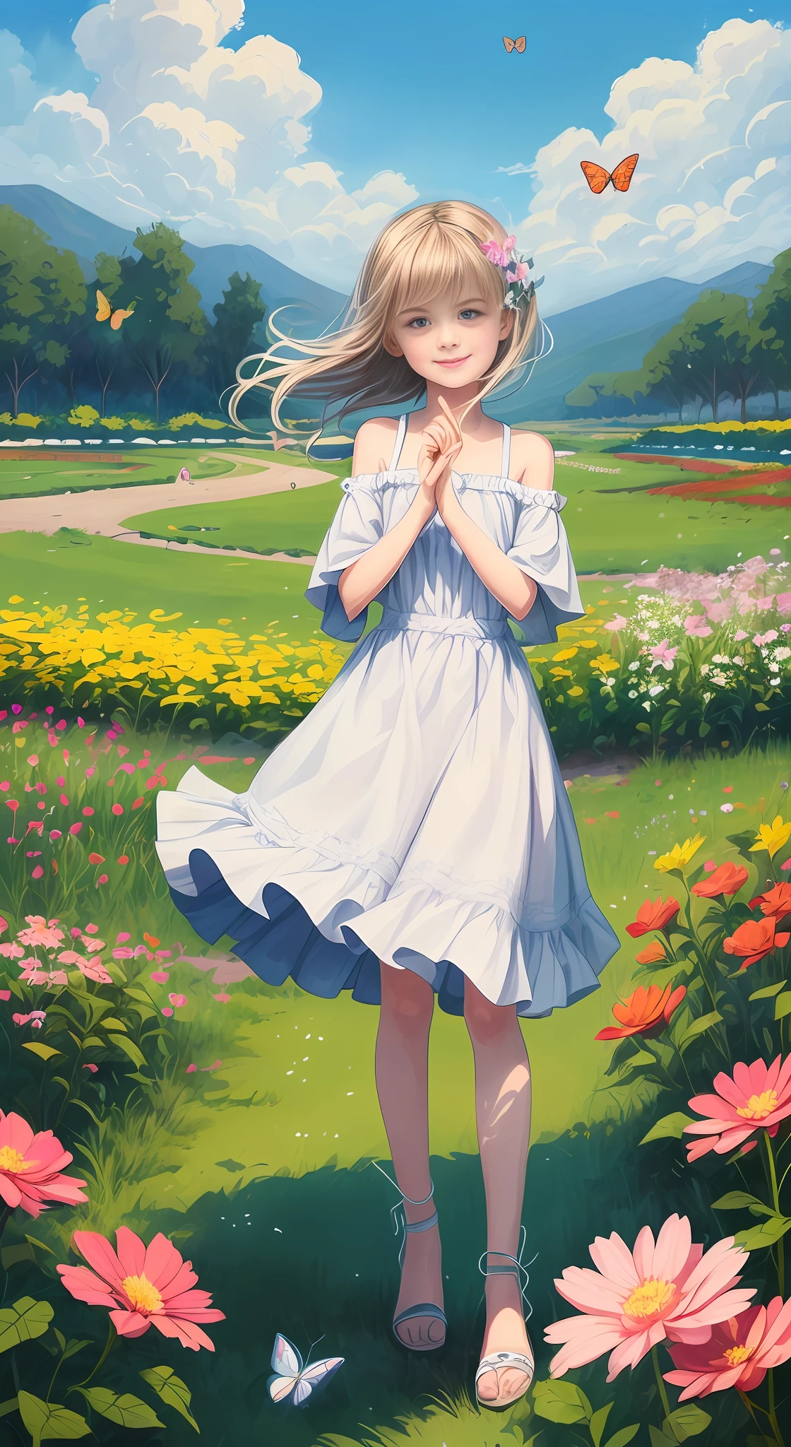 Illustration of a 10 year old blonde girl, "happy" in a field of flowers, blue sky of clouds, playing with butterflies, beautiful illustration, beautiful painting, beautiful UHD 4k art, beautiful art, a beautiful art illustration, art in the style of guweiz, beautiful painting, atey ghailan 8k, artgerm and atey ghailan, 10 year old blonde girl, happy in a field of flowers,  playing with butterflies, (butterflies). (best quality, masterpiece), 1girl, pose, particle, wind, flower, full body, garden background, looking at butterflies. --auto