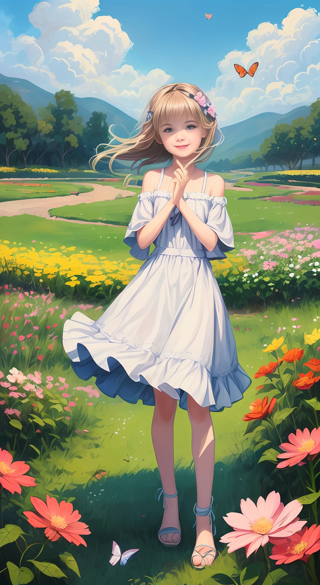 Illustration of a 10 year old blonde girl, "happy" in a field of flowers, blue sky of clouds, playing with butterflies, beautiful illustration, beautiful painting, beautiful UHD 4k art, beautiful art, a beautiful art illustration, art in the style of guweiz, beautiful painting, atey ghailan 8k, artgerm and atey ghailan, 10 year old blonde girl, happy in a field of flowers, playing with butterflies, (butterflies). (best quality, masterpiece), 1girl, pose, particle, wind, flower, full body, garden background, looking at butterflies. --auto
