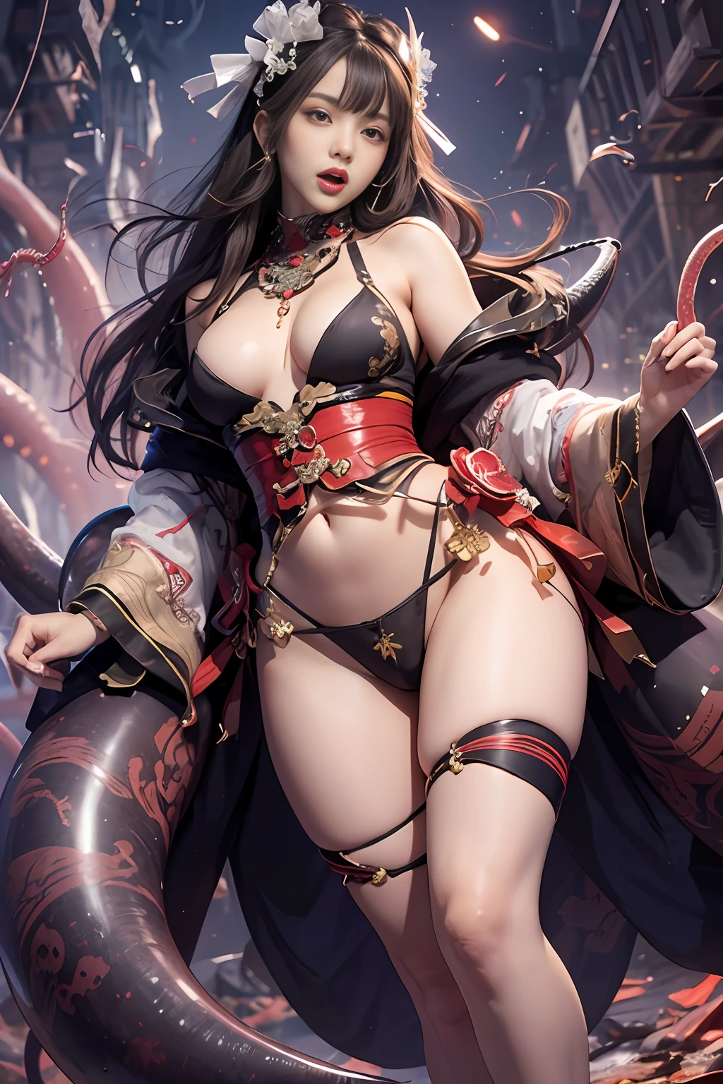 ((Hyperrealistic, Photorealistic, 8K, Complex Detail))"(Full body) Geisha Queen, Geisha Samurai, Japan Goddess, Samurai Goddess, Priestess,{{Anatomically Unbroken Body: 1.5}}, {{Beautiful Girl Attacked by Countless Tentacles: 1.5}},{{Perfect Beauty: 1.5}},{{Tentacles:1.5}},{{Countless tentacles entangled in the chest: 1.5}},{{ Countless tentacles tangled in the crotch: 1.5}}, (lip gloss, eyelashes, glossy face, glossy skin), best quality, ultra high resolution, depth of field, chromatic aberration, caustics, broadlight, natural shading, kpop idol, rich expression, puzzled face, open mouth, big and legs open 180 degrees, crotch crack, pubic hair, {{see-through high leg 1.5}}, jungle, Low angle, brown hair, princess cut, medium hair bangs, align, action