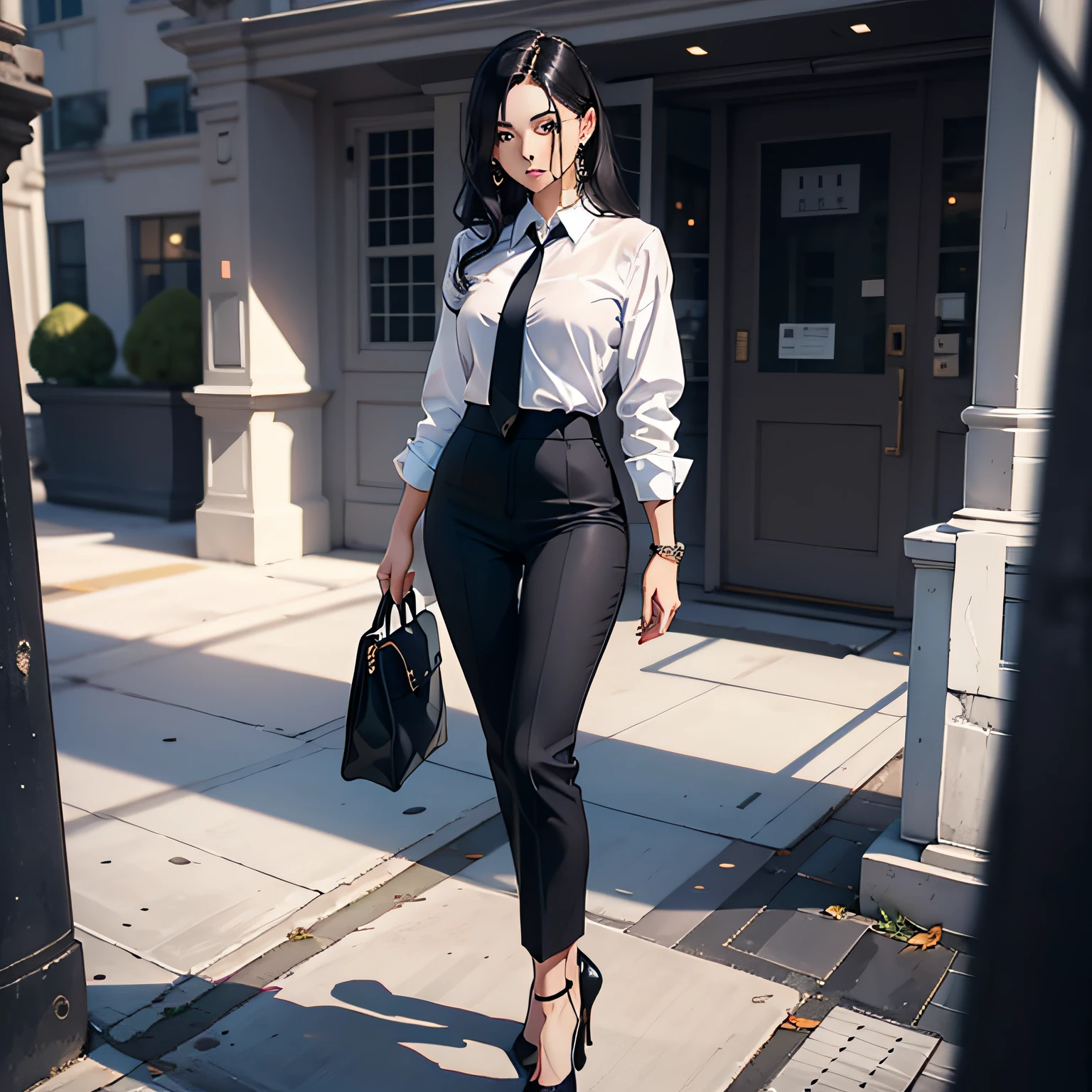 A white-collar beauty in a black professional suit with a white shirt and black high heels