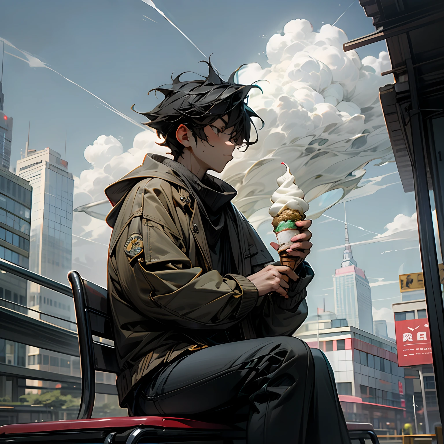 Man holding ice cream cone with banana and whipped cream, sitting on bench in Marunouchi building street, looking at cloudy sky --auto