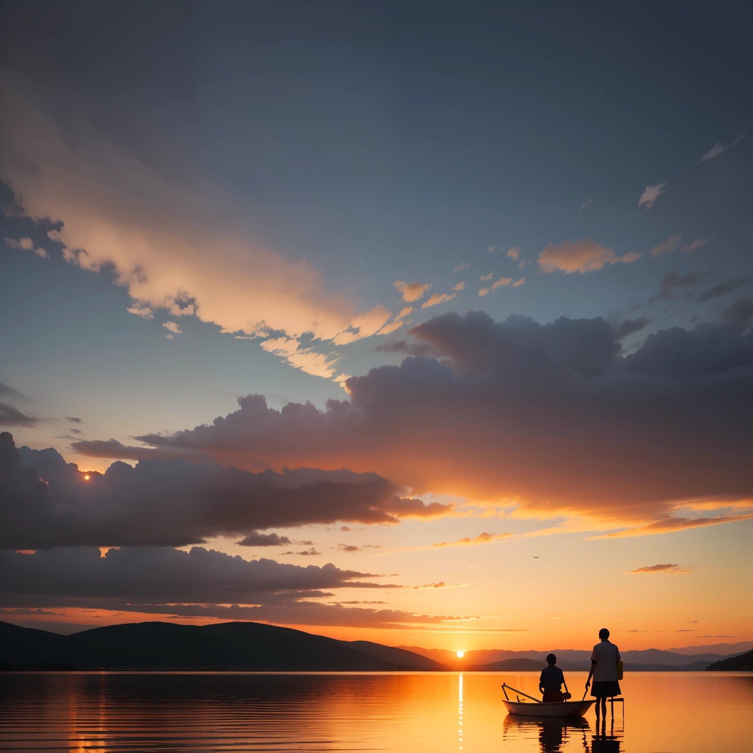 Sunset, lake, silhouette of people