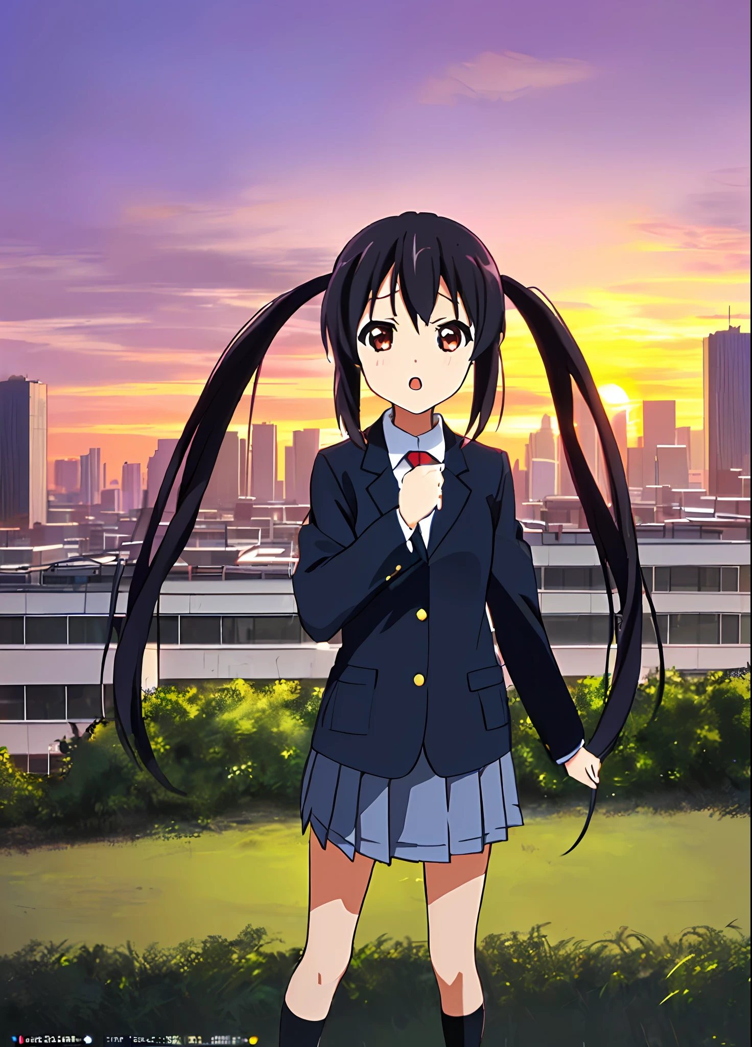 1girl, ((((Masterpiece))), Best Quality, Best Quality, High Detail, Azusa Nakano, 1girl, Sakuragaoka High School Uniform, Musical Instrument, School Uniform, Twin Tails, Long Hair, Black Hair, Brown Eyes, Solo, Red, Dark blue blazer with a thin ribbon of red, Solid white button shirt under blazer, Illustration, Cartoon, Soothing tones, Muted colors, Soft cinematic light, Adobe Lightroom, Photo Lab, HDR, complex and highly detailed, (((depth of field))))). (((Masterpiece))). (((highest quality))).) ((super detail))). (((Illustration))). (((Outside))). (((fighting stance))).,((((Giantization))).dynamic focus.small breasts. (((skyscrapers))). (((Cityscape))). (((Despair Face))). open mouth. (((Sunset))). (((Sunset))).