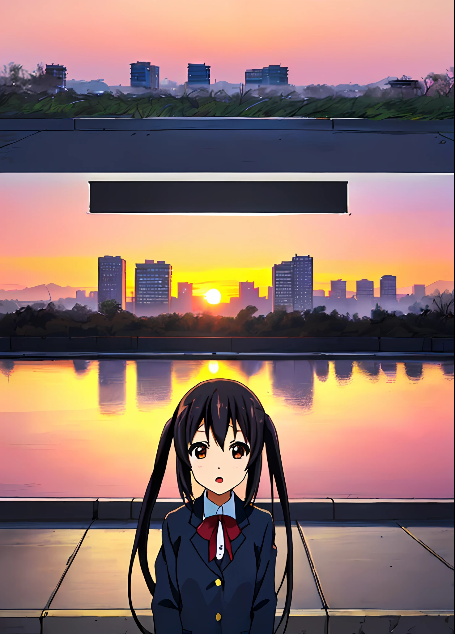 1girl, ((((Masterpiece))), Best Quality, Best Quality, High Detail, Azusa Nakano, 1girl, Sakuragaoka High School Uniform, Musical Instrument, School Uniform, Twin Tails, Long Hair, Black Hair, Brown Eyes, Solo, Red, Dark blue blazer with a thin ribbon of red, Solid white button shirt under blazer, Illustration, Cartoon, Soothing tones, Muted colors, Soft cinematic light, Adobe Lightroom, Photo Lab, HDR, complex and highly detailed, (((depth of field))))). (((Masterpiece))). (((highest quality))).) ((super detail))). (((Illustration))). (((Outside))). (((fighting stance))).,((((Giantization))).dynamic focus.small breasts. (((skyscrapers))). (((Cityscape))). (((Despair Face))). open mouth. (((Sunset))). (((Sunset))).