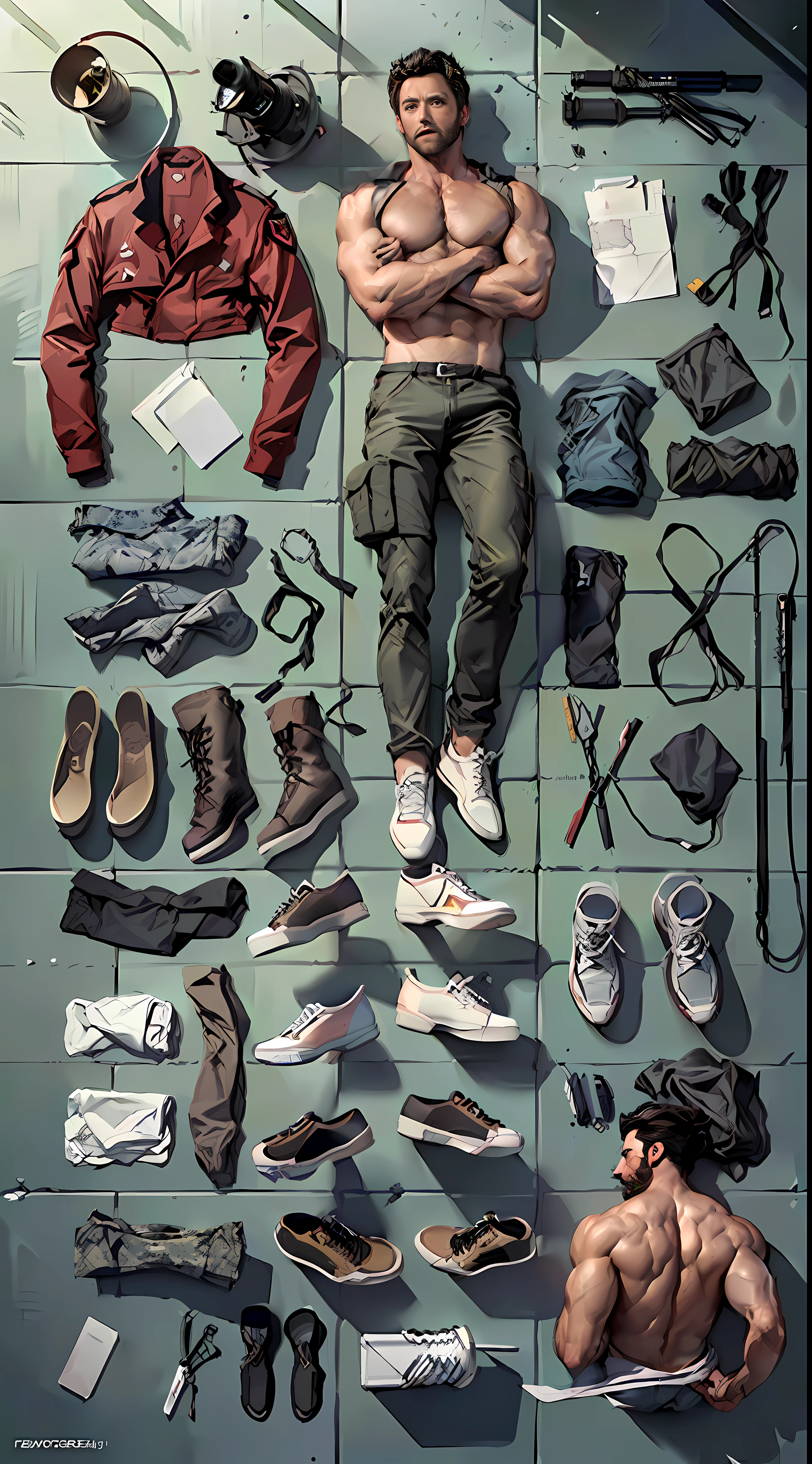 parallel or 90-degree overhead photography, ((parallel or 90-degree angles knolling-photography)), unboxing photo, ((single full-body portrait))), (((each complete military equipment neatly arranged in a block pattern on a single plane))), equipment neatly arranged, ((overhead plan))), ((character concept art)), Different costume designs for the same character, solo poster, ((tiled clothes)), tiled equipment, ((muscular man lying on the ground)), many parts split tiled ((Hugh Jackman lying on the ground)), ((bare-chested muscles masses)), smooth skin (masterpiece: 1, 2), best quality, masterpiece, high resolution, original, extremely detailed wallpaper, perfect lighting, (very detailed CG: 1.2), two-dimensional