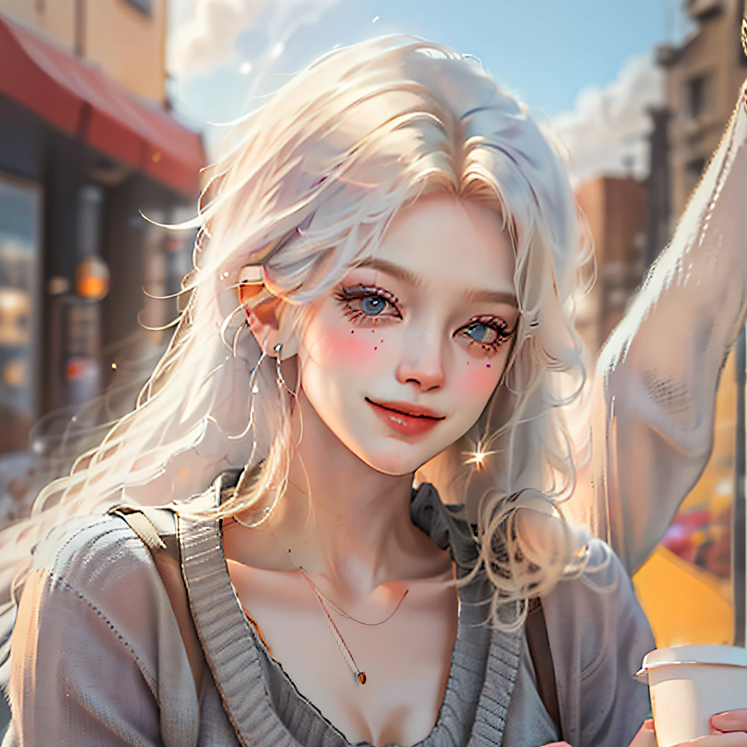 (masterpiece, best quality:1.4), (modern days), (cowboy shot), 1girl, solo, pov, sfw, stunning girlfriend, (standing:1.1), dynamic pose, (white oversized sweater, knit sweater:1.4), (skinny yoga pants, dark gray yoga pants: 1.4), (navy short jacket, denim jacket: 1.4), long blonde hair, bangs, heart-shaped face, elegant face, beautiful face, high detail face, high detail skin, skin pores, subsurface scattering, (blue eye details), realistic pupils, plump breasts, loving smile, looking at the audience, full blush, plump lips, holding a coffee cup, centered, coffee shop in background, city street, sunny day, wind, detailed background, depth of field, Atmospheric perspective, volumetric lighting, clear focus, absurd, realistic proportions, good anatomy, (realistic, hyper-realistic:1.4), 16k HDR,