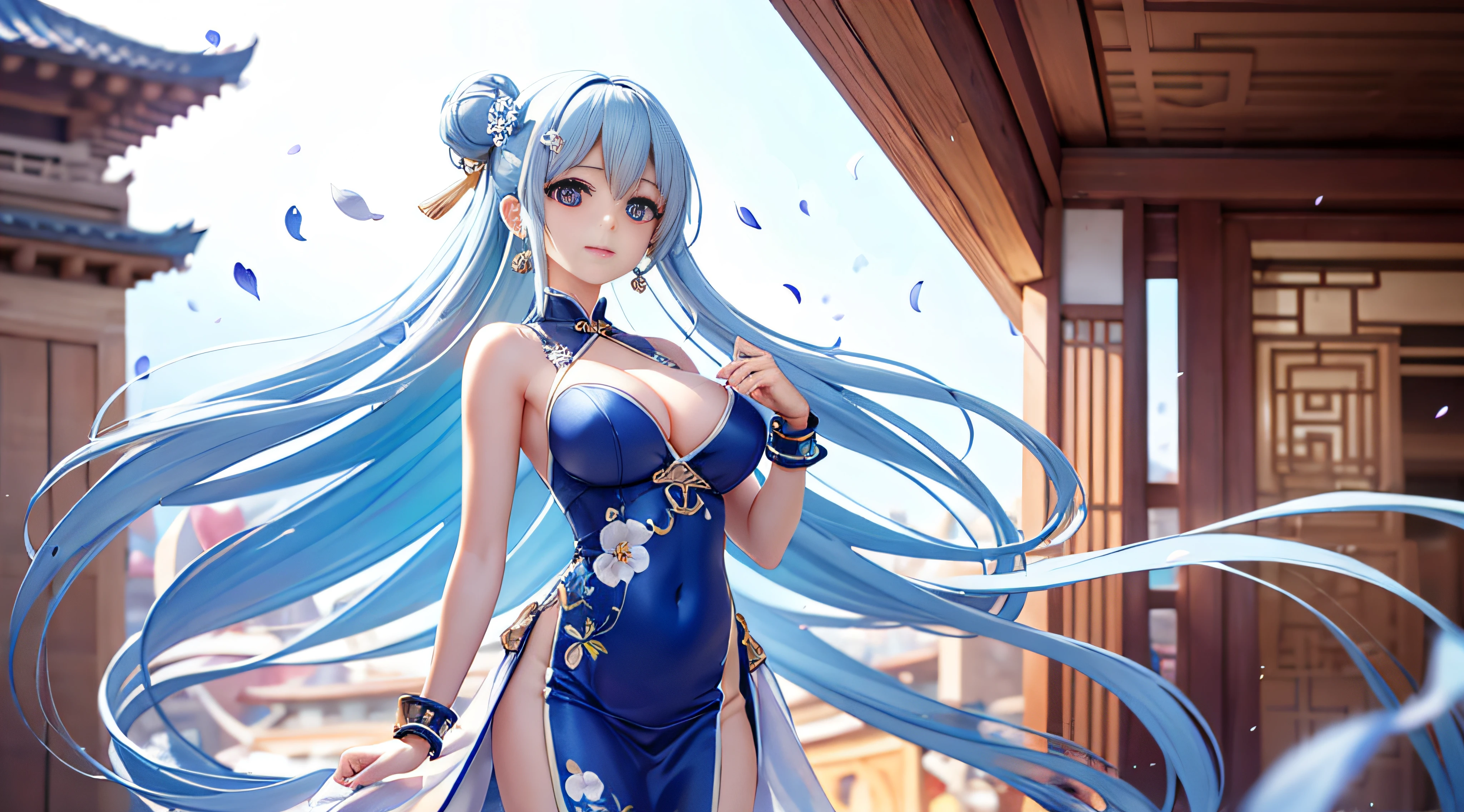 Blue and white hair color, floating hair, delicate and flexible eyes, gorgeous accessories, wearing pearl earrings, FOV, f/1.8, masterpiece, ancient Chinese style architecture, blue sky, flower petals flying, Chang'e, side light, sunlight shining on people. Big breasts, sheer clothes ultra detail, super detail, (fine detail), (intricate detail), (cinematic light, best quality backlight), 4K, cinematic lighting,