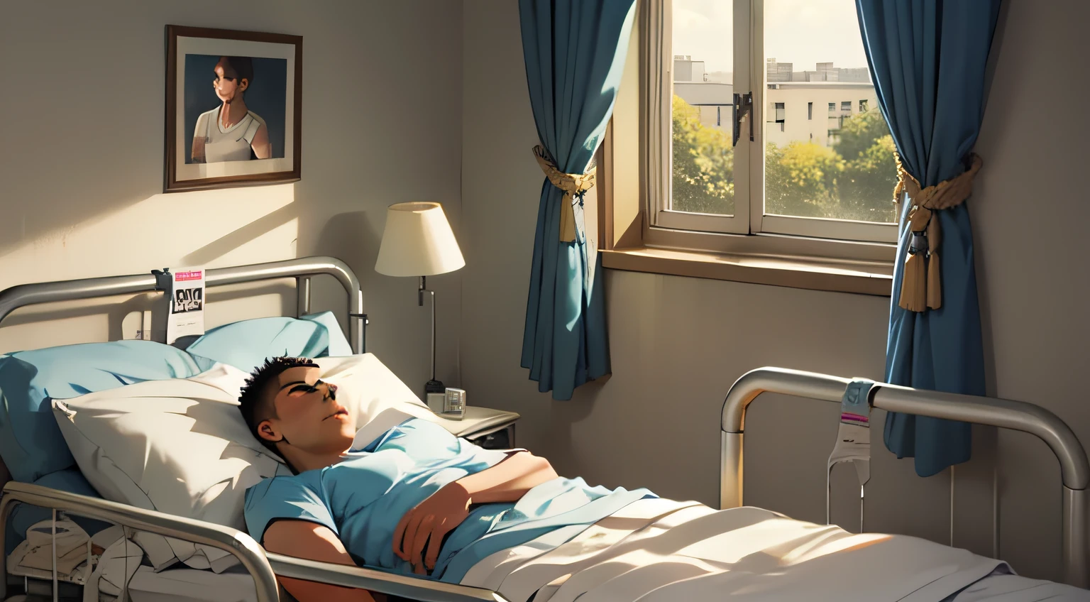 A paralyzed young man lies on a hospital bed