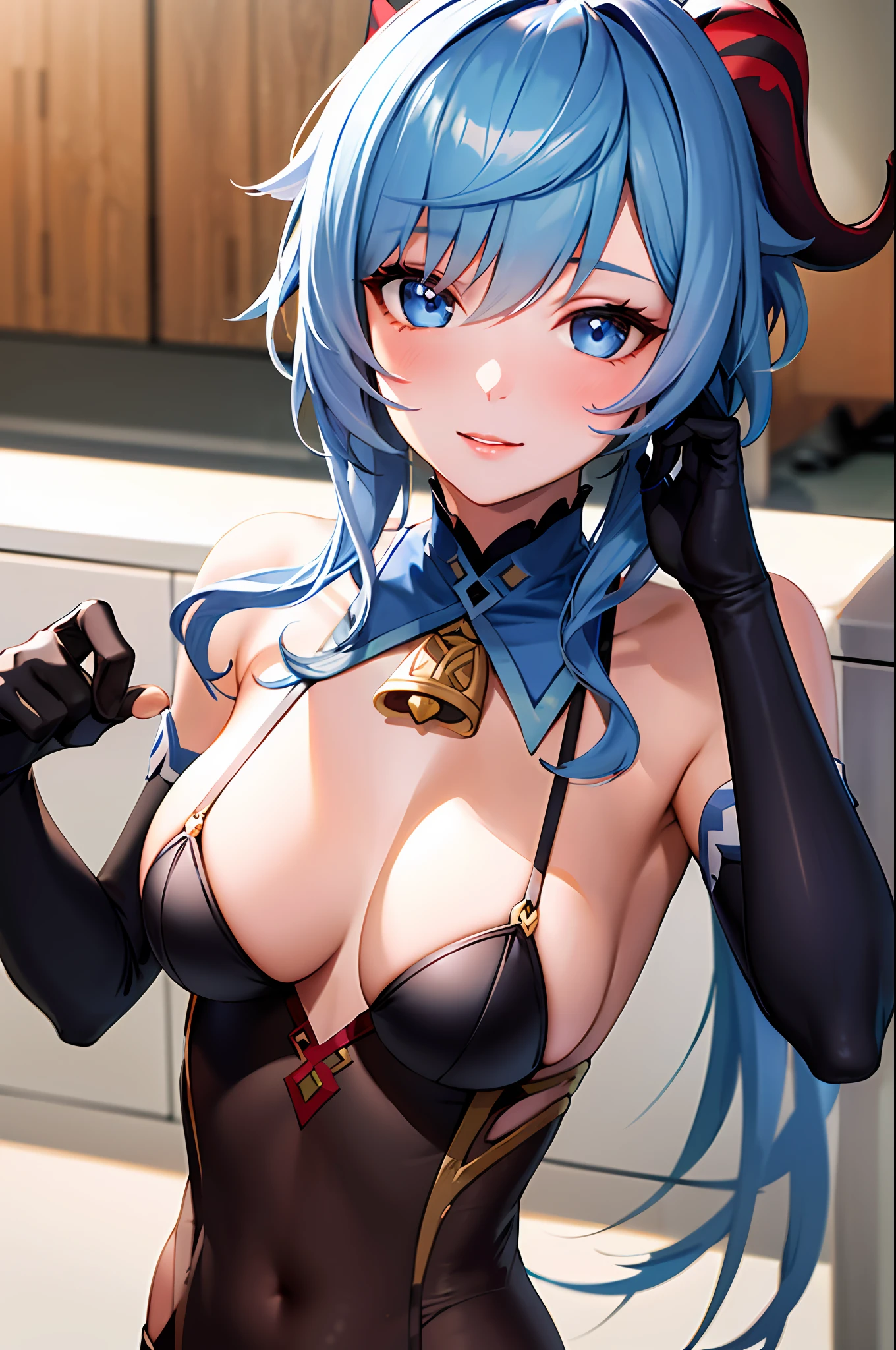 (photorealistic:1.4), (masterpiece, sidelighting, finely detailed beautiful eyes: 1.2), masterpiece*portrait, realistic, 3d face, ganyu \(genshin impact\), 1girl, ahoge, architecture, Bangs, bare shoulders, bells, black gloves, no tights, (blue hair), blush, beautiful breasts, bare breasts, Chinese knots, sleeves, flower knots, gloves, horns, long hair, looking at the audience, medium chest, neckbell