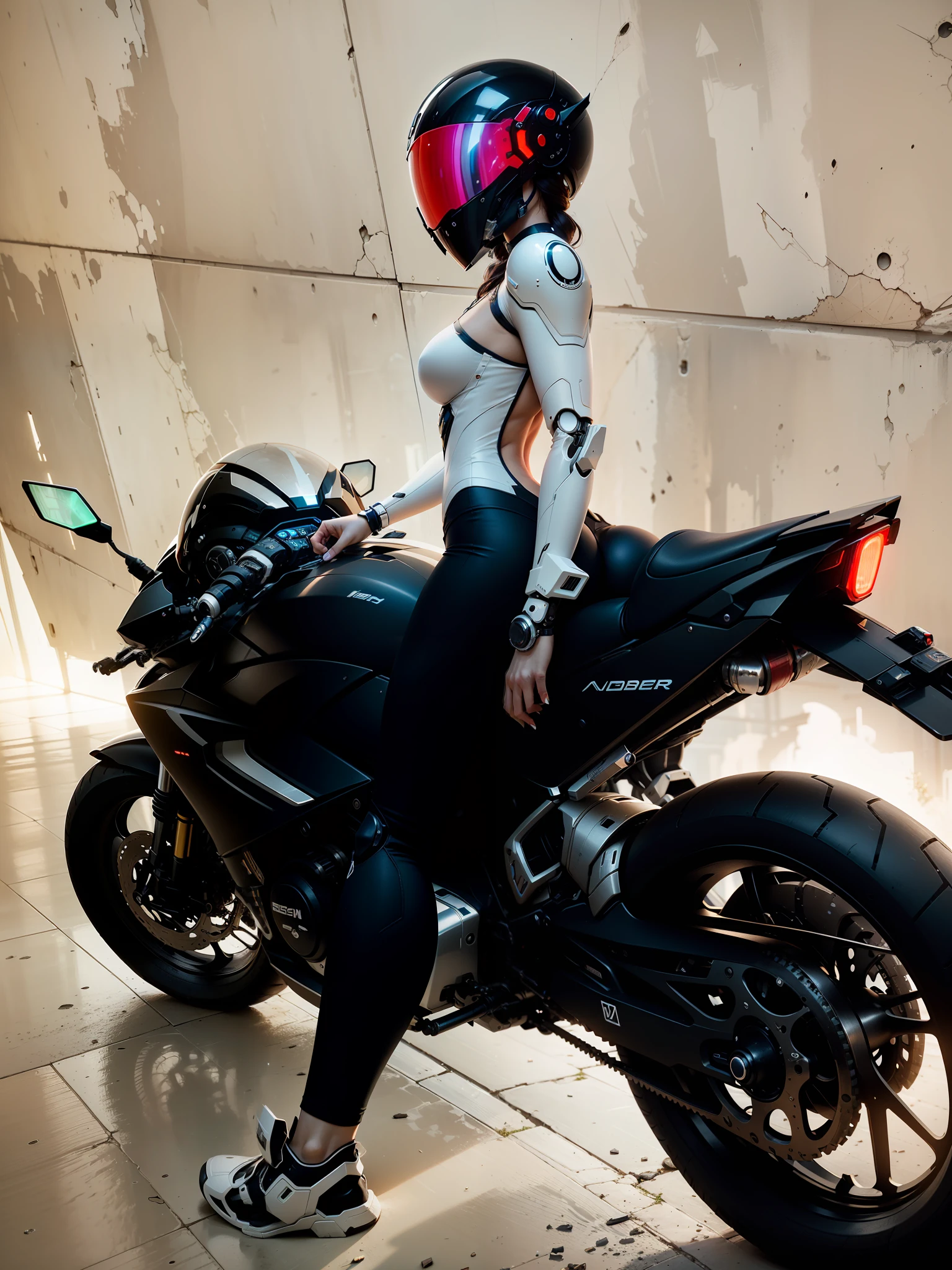 Sexy Cyber Female Warrior and Cyber Mechanical Motorcycle, Full Body White Delicate High-Tech Armor, Exquisite Black Tech Helmet, Nousr, Biomechanics, MSHN Robot Man, High-Tech Helmet, Hyperreal, Steel, Intricate Design, Crazy Details, Fine Details, Extremely Clear Lines, Cinematic Lighting, Photo Realistic, Detailed Masterpiece