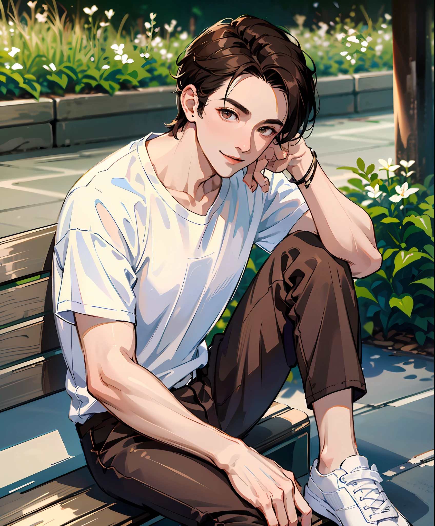 (absurdres, highres, ultra detailed, HDR), masterpiece, best quality, 1boy, solo, handsome, dark brown hair, finely eye and detailed face, forehead, ((loose white t-shirt)), sneaker, (pale and white skin), look at viewer, ear piecing, , smile, sitting on bench, park in background, full body view