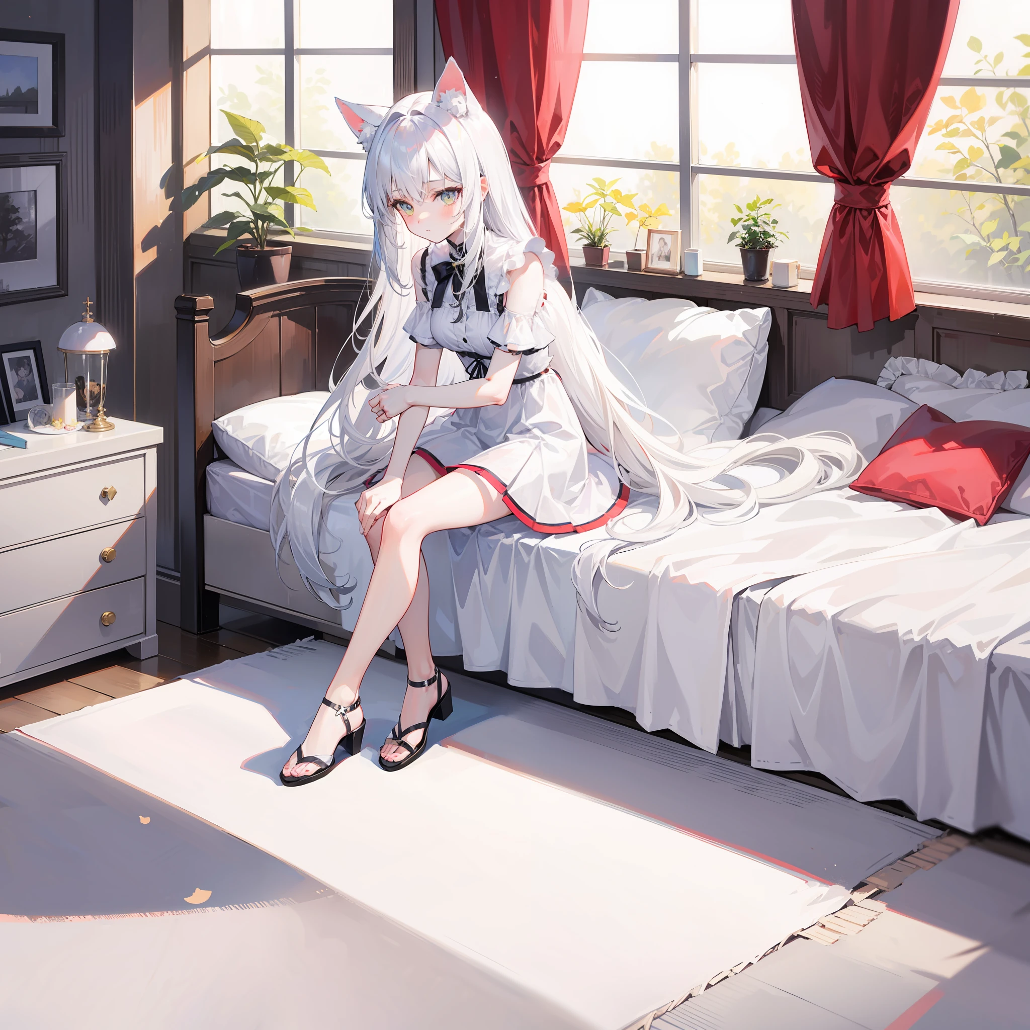 /girl, (white long hair 1.5), white cat ears, white cat tail, dress, cross-legged, sitting on bed
