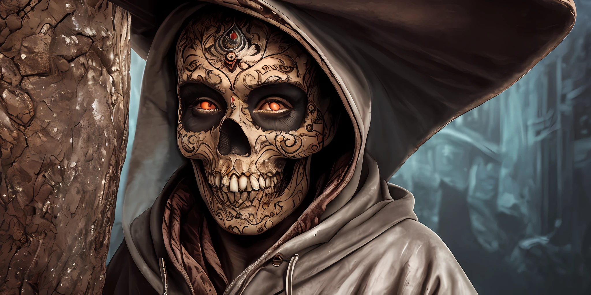 Raw Photo, a realistic close up photo of a necromancer in a hood and cloak, background is a an epic necropolis, sugar skull, bright glowing eyes, (highly detailed face:1.5), (highly detailed skin:1.4), dark, shiny metal, biomechanical, H.R. Giger, Lovecraft, Stranger things, terrifying,  grunge textures,(art by rfktr_bontrex-150:1.1)