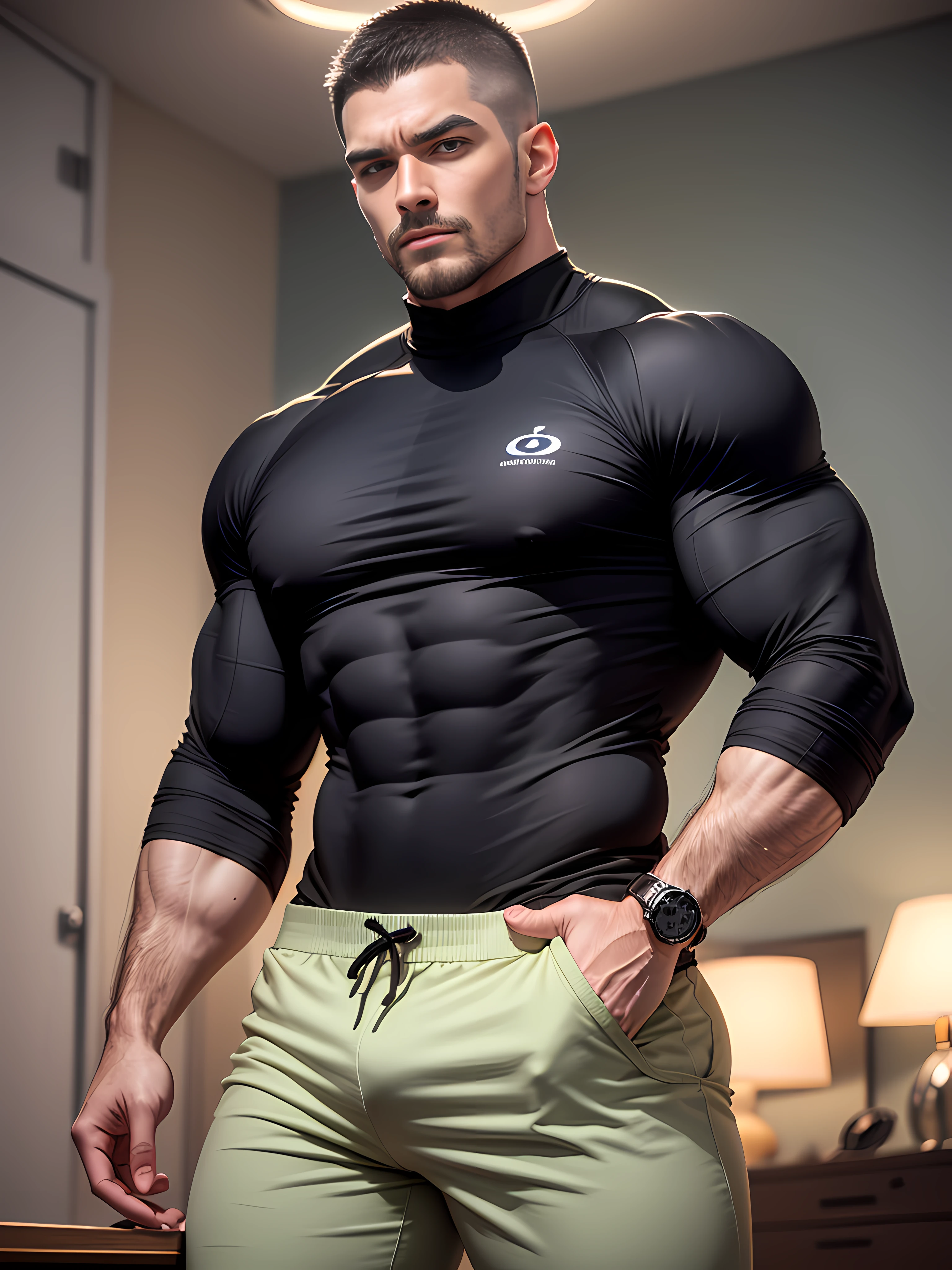 Character design (open mouth muscle special soldier, Buzz Cut, national character face, tough guy) wearing a long-sleeved dark black high-neck stretch tight T-shirt, thickened and warm security uniform, standing in a luxurious bedroom, looking intoxicated and enjoyed, eyes slightly narrowed, mouth open into an O-shape, expression enjoyment, deep and charming eyes, emerald pupils, he is tall, burly, muscular! Sexy charming muscular leg muscles, tall burly, dark black long sleeve stretch turtleneck skinny T-shirt, super gain and cool, high resolution commission, white sneakers, warm lights on the body, camouflage pants, expression mesmerized enjoyment