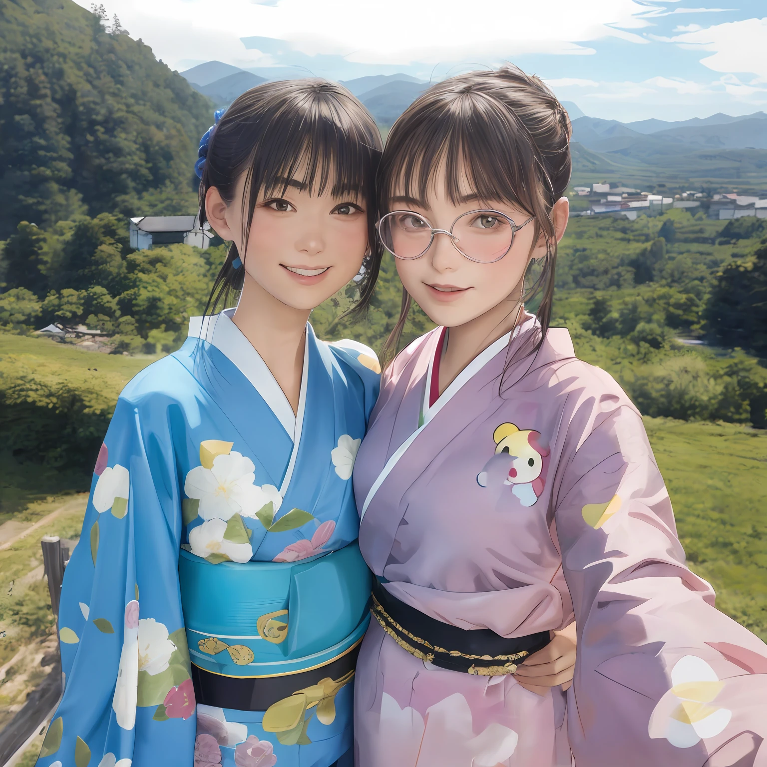 Young Russian girl standing taking a selfie wearing a purple kimono printed with lots of cute Sanrio characters