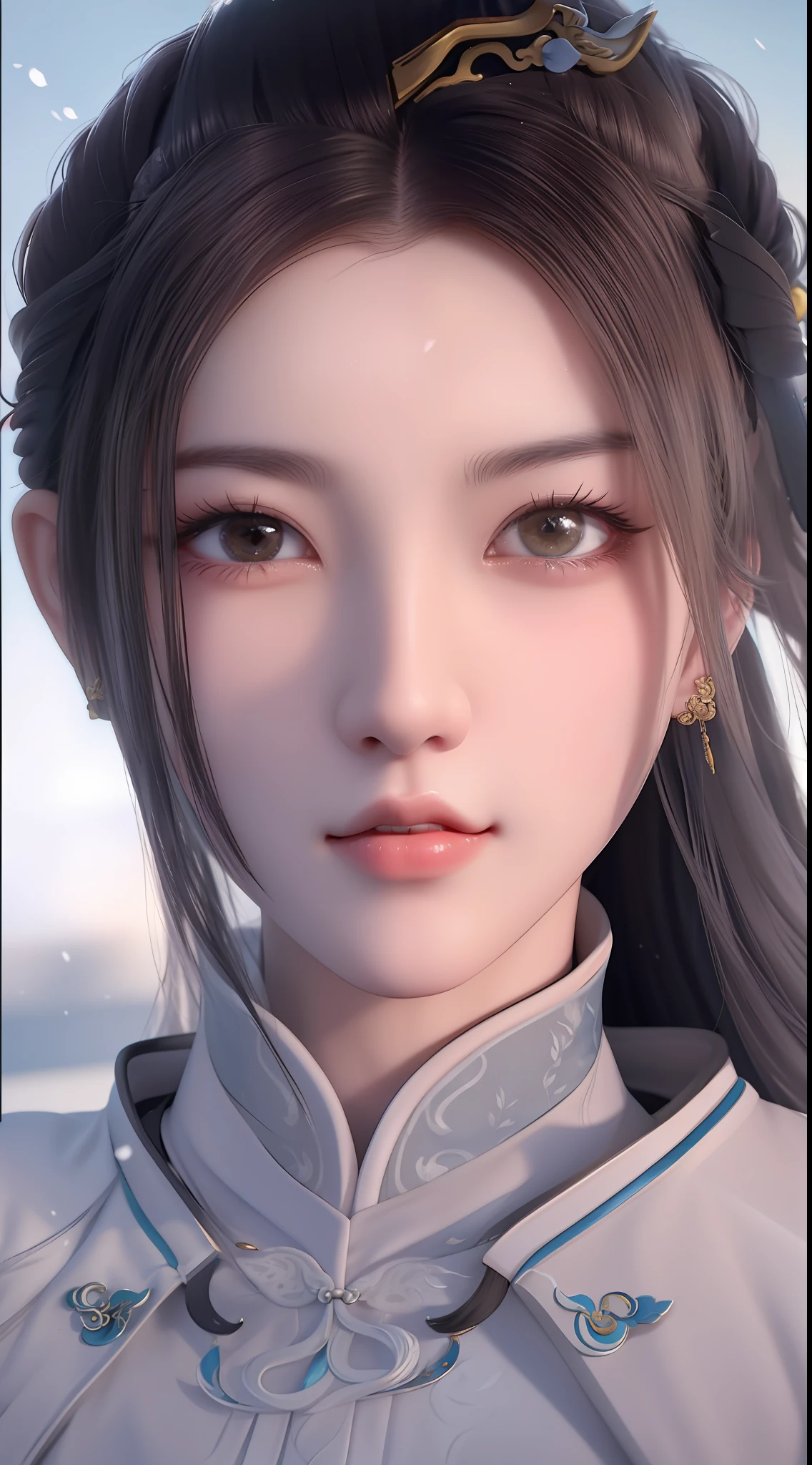 a close up of a woman with long hair and a white jacket, inspired by Li Mei-shu, inspired by Zhao Yuan, inspired by Ju Lian, xianxia, xianxia hero, inspired by Qiu Ying, inspired by Zhan Ziqian, heise jinyao, inspired by Tang Yifen, inspired by Zhang Wo, inspired by Wu Bin
