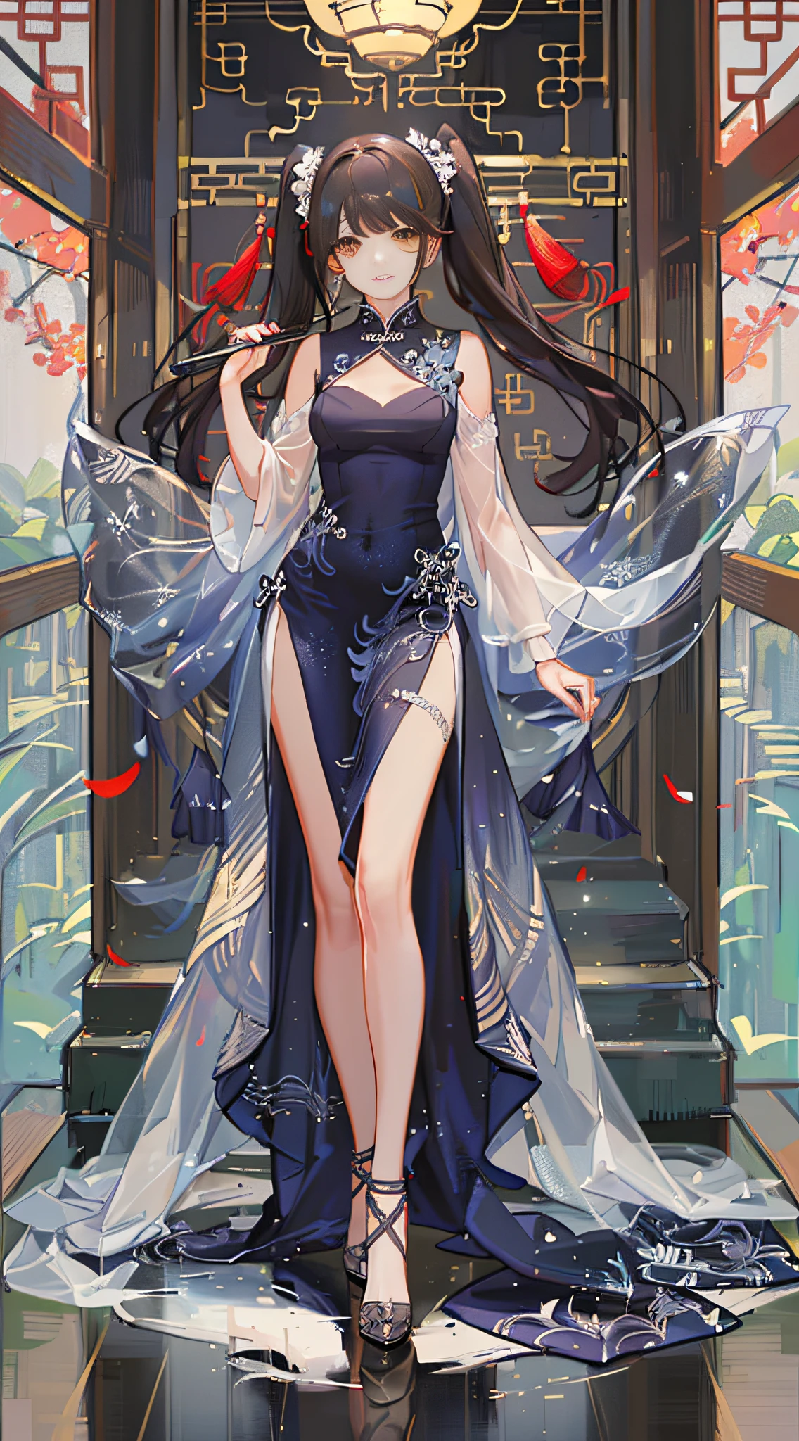 girl,full body,(detailed face:1.2), masterpiece, fashion,chinese dress,, medium hair, black hair, twintails, blunt bangs, brown eyes,