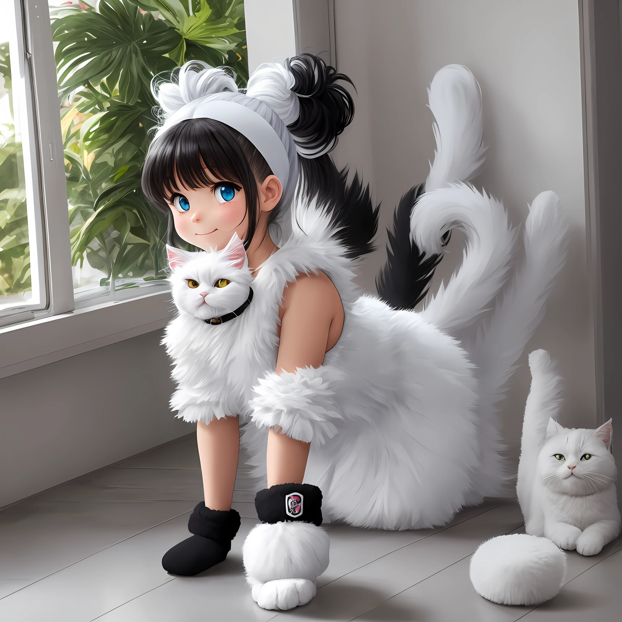 fluffy , ponytail, fluffy white cat, fluffy black cat, idol, laughter, break dance --auto --s2