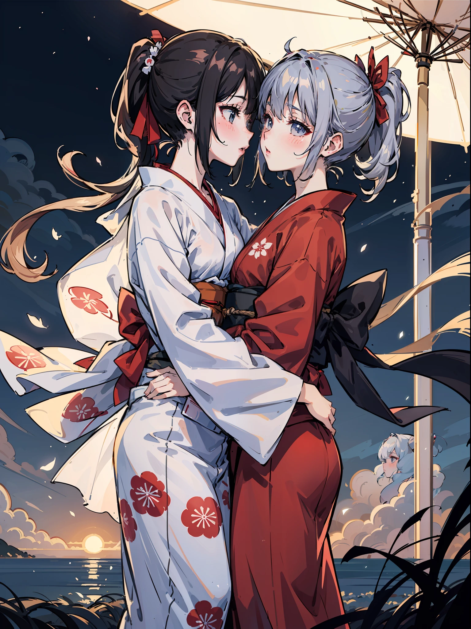 Masterpiece, super high quality, super detail, perfect drawing, two beautiful girls, (((French kiss))) samurai, yukata, black ponytail, gray hair twin tails, hair tied with a big red ribbon, equipped with Japan sword, blush (0.2), night scene, coolness, wind current, elegance, beautiful background, accurate drawing, detailed drawing