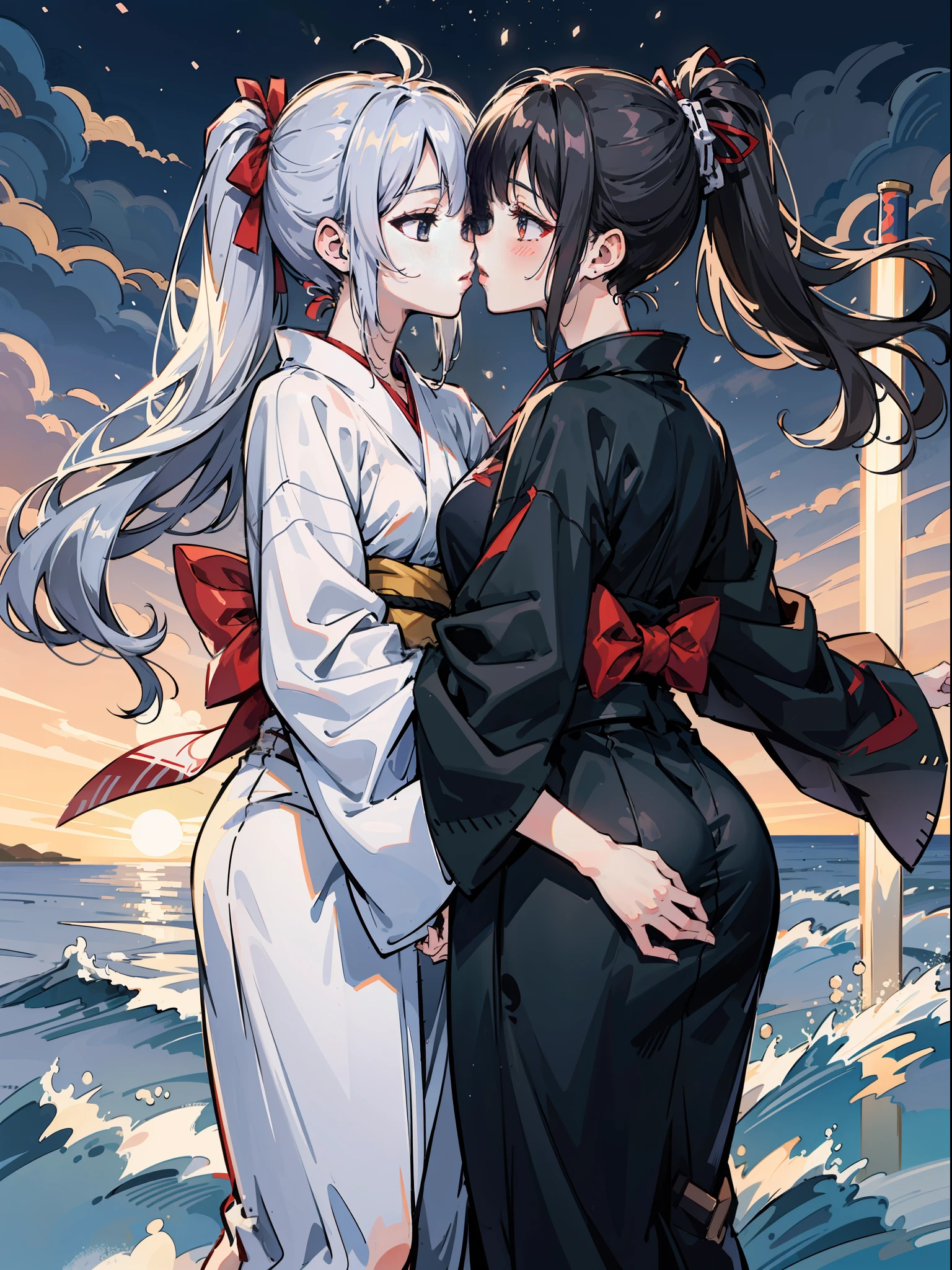 Masterpiece, super high quality, super detail, perfect drawing, two beautiful girls, (((French kiss))) samurai, yukata, black ponytail, gray hair twin tails, hair tied with a big red ribbon, equipped with Japan sword, blush (0.2), night scene, coolness, wind current, elegance, beautiful background, accurate drawing, detailed drawing
