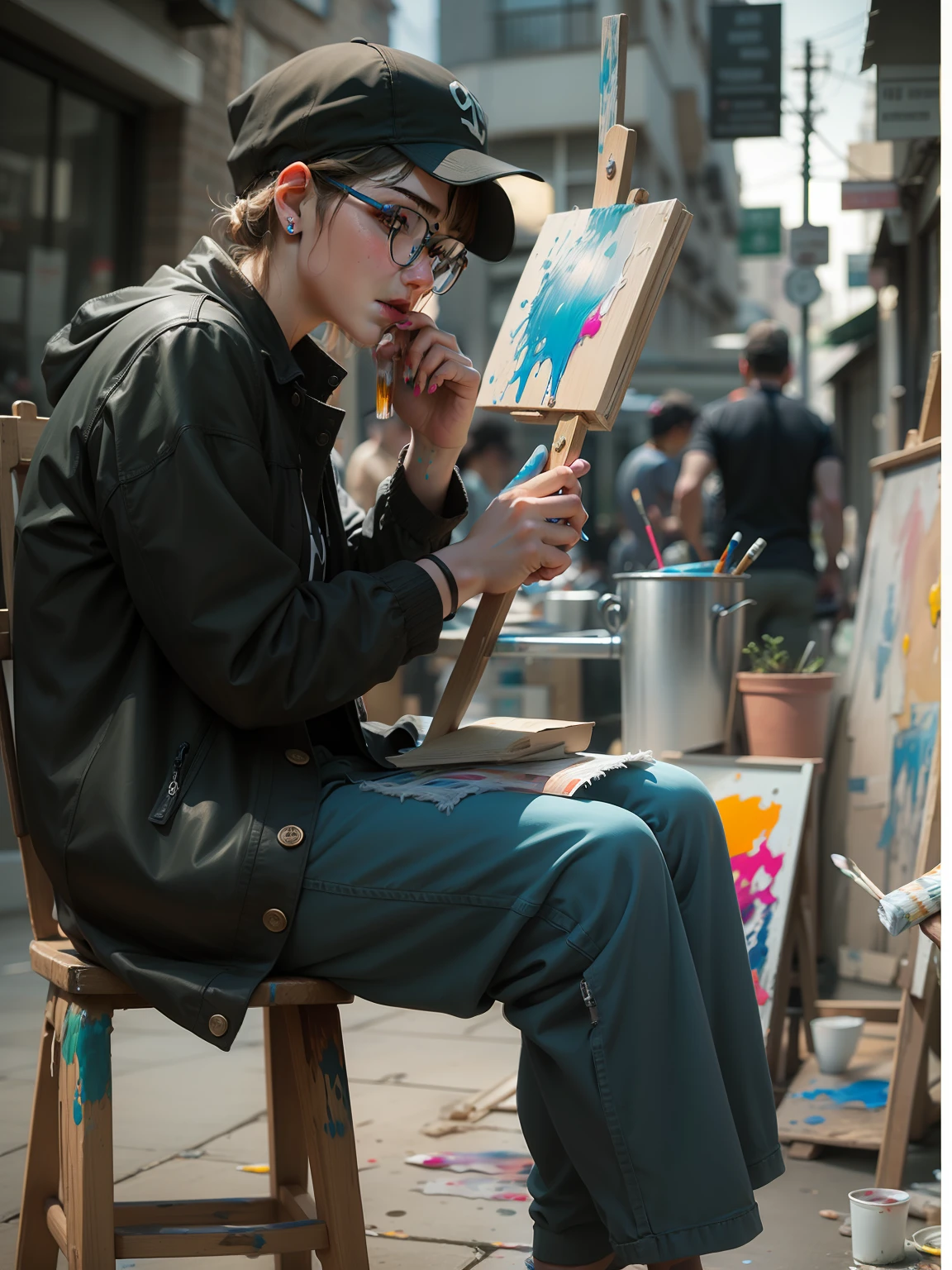 Look at the camera in hand, thick paint, realistic style --auto
