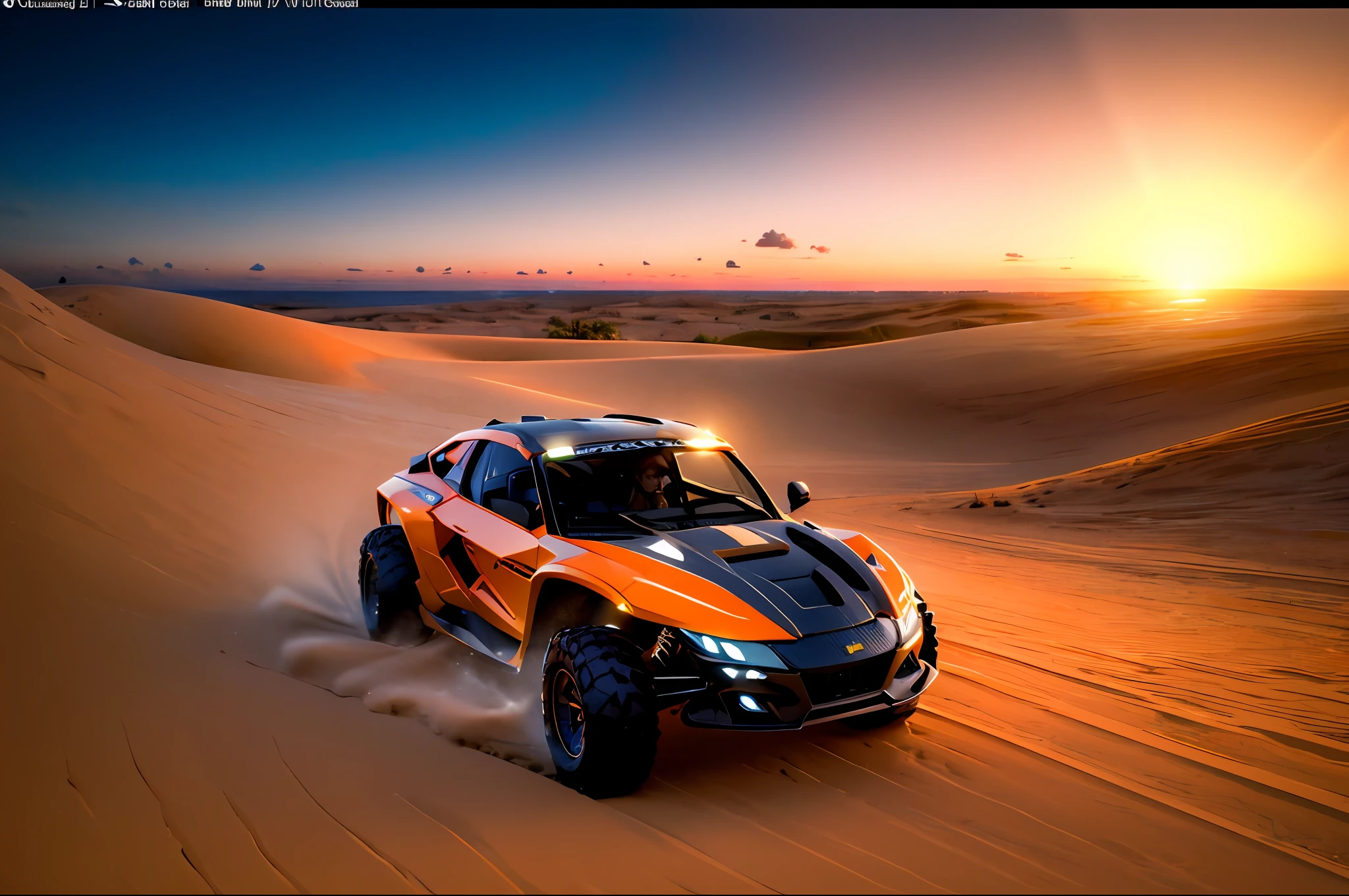 gopro shot Ultra-realistic digital photo of UTV Maverick X3 RS orange and white, ray tracing, cinematic lighting, depth of field, 135mm, Canon, award-winning, masterpiece, 8k, super detail in the desert empty outdoors, sunset in the dunes, tropical, beach, strong rim lighting, soft contrast, 8k uhd, dlsr, Oled, dark lighting, high quality, film grain, highly detailed, excellent composition, cinematic concept art, dramatic lighting, trend in artstation by Kaiwan Shaban, James O'Brien, Vadim Ignatiev, (high detailed skin: 1.2), 8k uhd, dslr, soft lighting, high quality, film grain