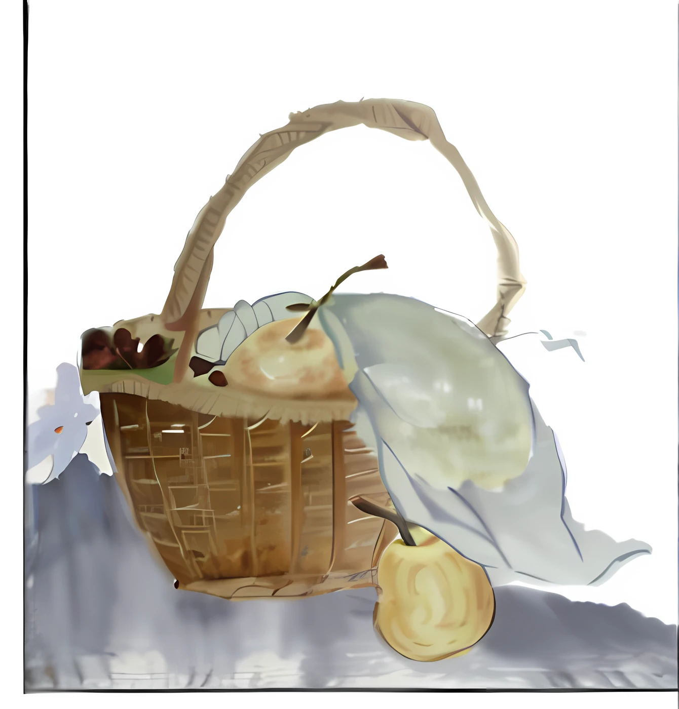 In a basket, there is a pear, a fruit basket, and there is a pear on the side of the basket