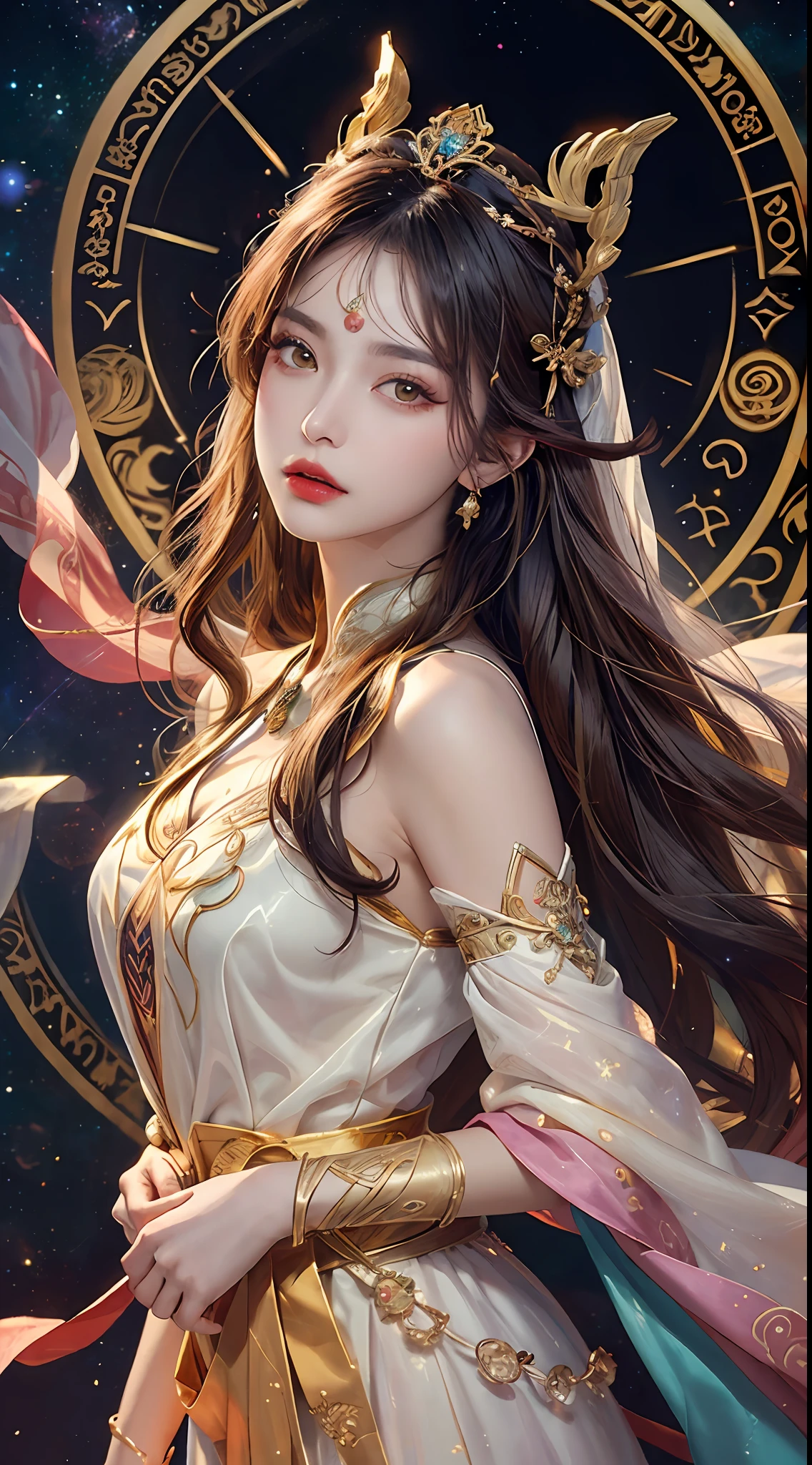1 18 year old girl, 1 zodiac goddess from the future, pink and purple zodiac goddess, yellow Audai zodiac goddess, zodiac Auday with lots of white lace details, mythical zodiac goddess from the future, zodiac zodiac sign, luxurious sparkling zodiac ♏ style, dark and mysterious version, zodiac crown, lipstick lipstick, thin and beautiful lips, smile makes the audience fall in love, characters made by Carol Barker and Pino Diane, intricate details, detailed background, extremely detailed, light magic, a woman, clear face, looking at the face of the zodiac goddess, long hair bangs, beautiful face details and well-proportioned eyes, (transparent yellow eyes: 1.8), round big eyes and very beautiful and detailed makeup, vision, silk dress, mysterious makeup, double bangs and dyed light gold, UPER body, zodiac goddess uper body, arms hanging loosely, realistic and vivid photos, (Stars compose the zodiac: 1.7), (sky background zodiac signs and imaginary space-time portal: 1.8), novel art, RAW photos, Hanfu pictures, best photos, best photo quality, 8K quality, 8K ultra, super realistic, real photos most economical, artistic portrait of the goddess zodiac,