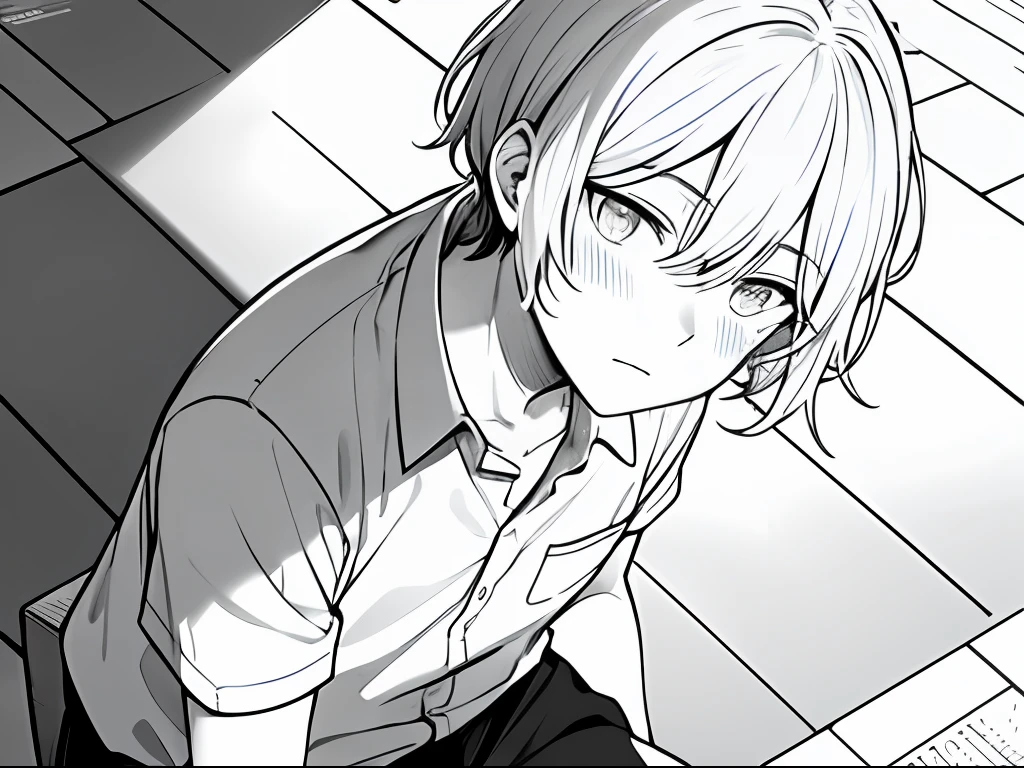 Masterpiece, best quality, high quality, 1 boy, white hair, kneeling on the ground, head up, shy, blushing, white shirt, solo, male focus, looking at the audience, upper body, ogata_shuu, line drawing, monochrome