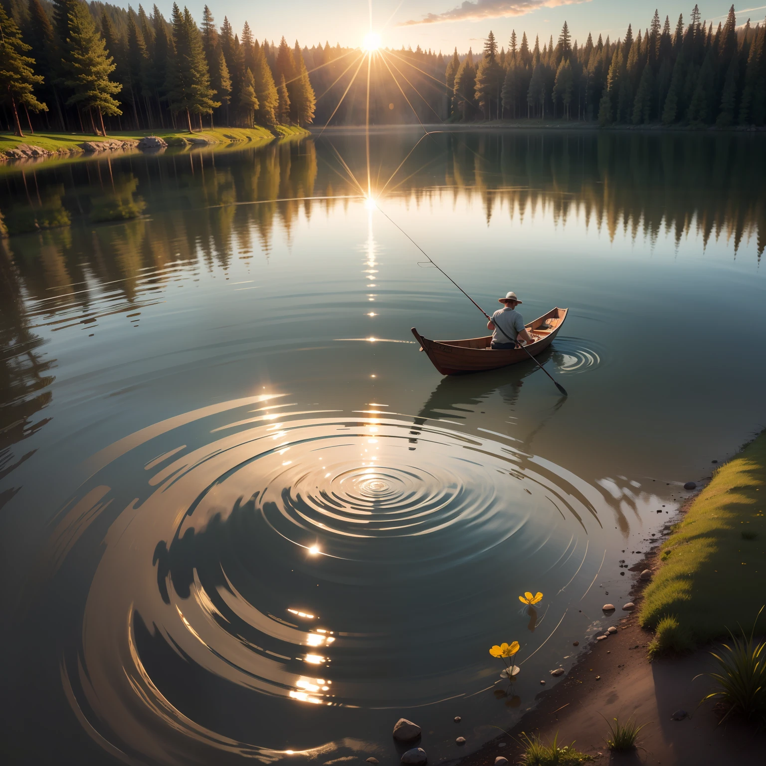 Sun, strong reflection on the lake, fishing