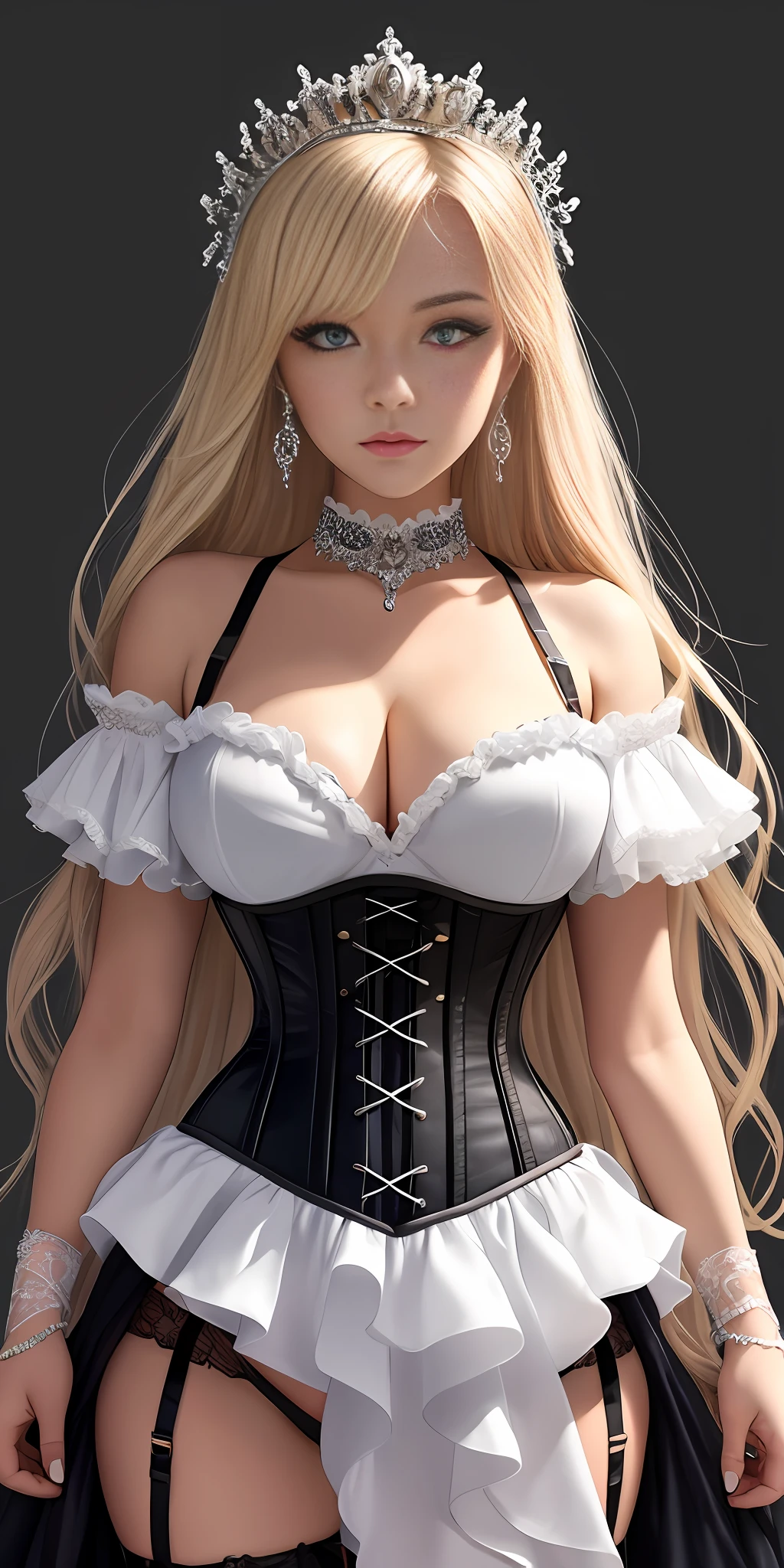 [black:aqua:0.65] theme, masterpiece, a girl's masterpiece, detailed visual art, blue eyes, light blonde hair, long hair, collarbone, royal princess, elegant, gorgeous quinceanera corset, corset piercing, detailed layered skirt, [detailed frills: 0.1], [frilled dress: 0.1], embroidery, [details princess dress: 0.1], off-the-shoulder, big breasts: 1.3, open crotch, thigh seam, garter belt, groin, [NSFW|uncensored], (simple background: 1.1), low-winged, full-body --auto