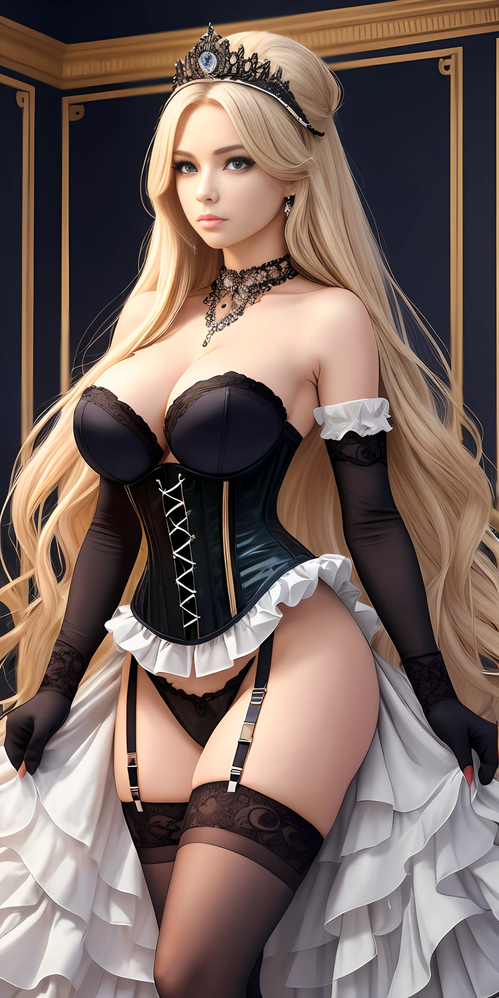 [black:aqua:0.65] theme, masterpiece, a girl's masterpiece, detailed visual art, blue eyes, light blonde hair, long hair, collarbone, royal princess, elegant, gorgeous quinceanera corset, corset piercing, detailed layered skirt, [detailed frills: 0.1], [frilled dress: 0.1], embroidery, [details princess dress: 0.1], off-the-shoulder, big breasts: 1.3, open crotch, thigh seam, garter belt, groin, [NSFW|uncensored], (simple background: 1.1), low-winged, full-body --auto