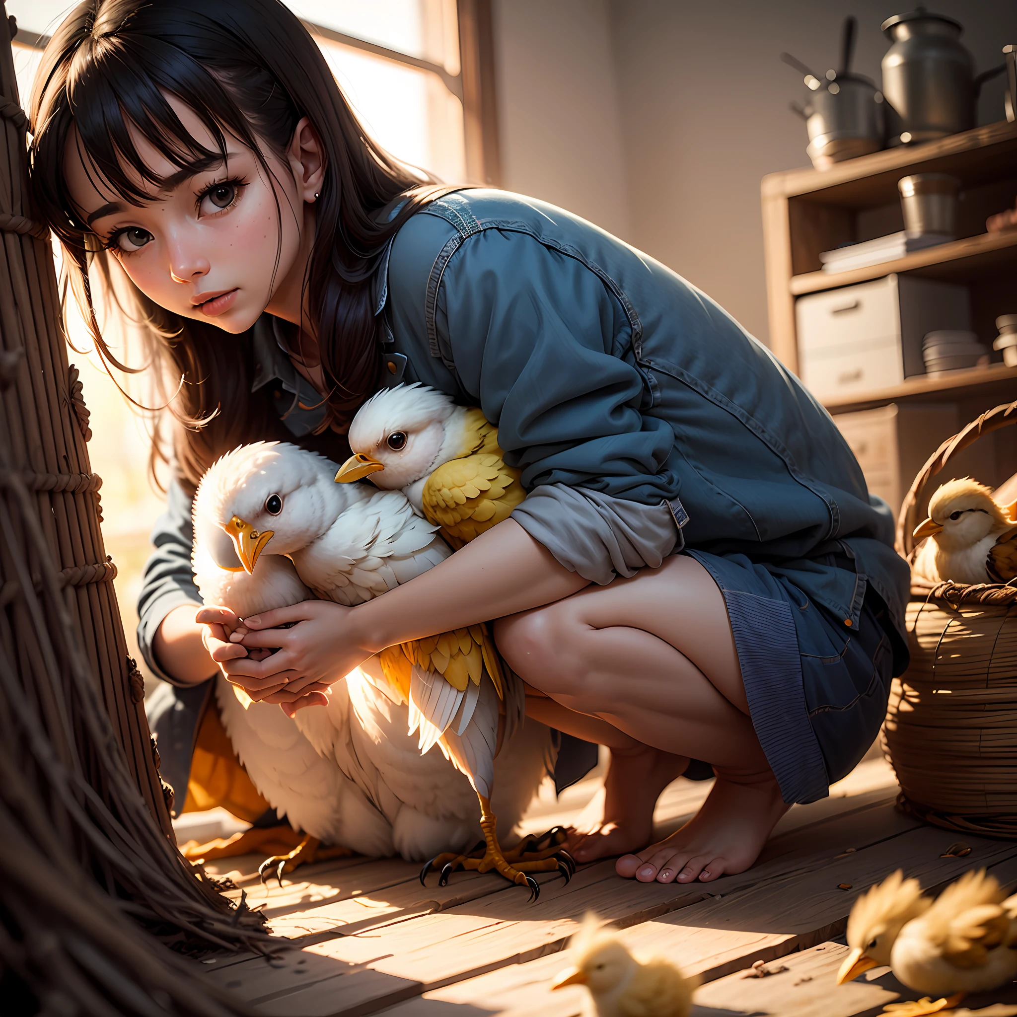 A bird delivering a worm to a chick in a warm nest, soft and realistic details, vivid colors, soft light, cozy atmosphere. --auto