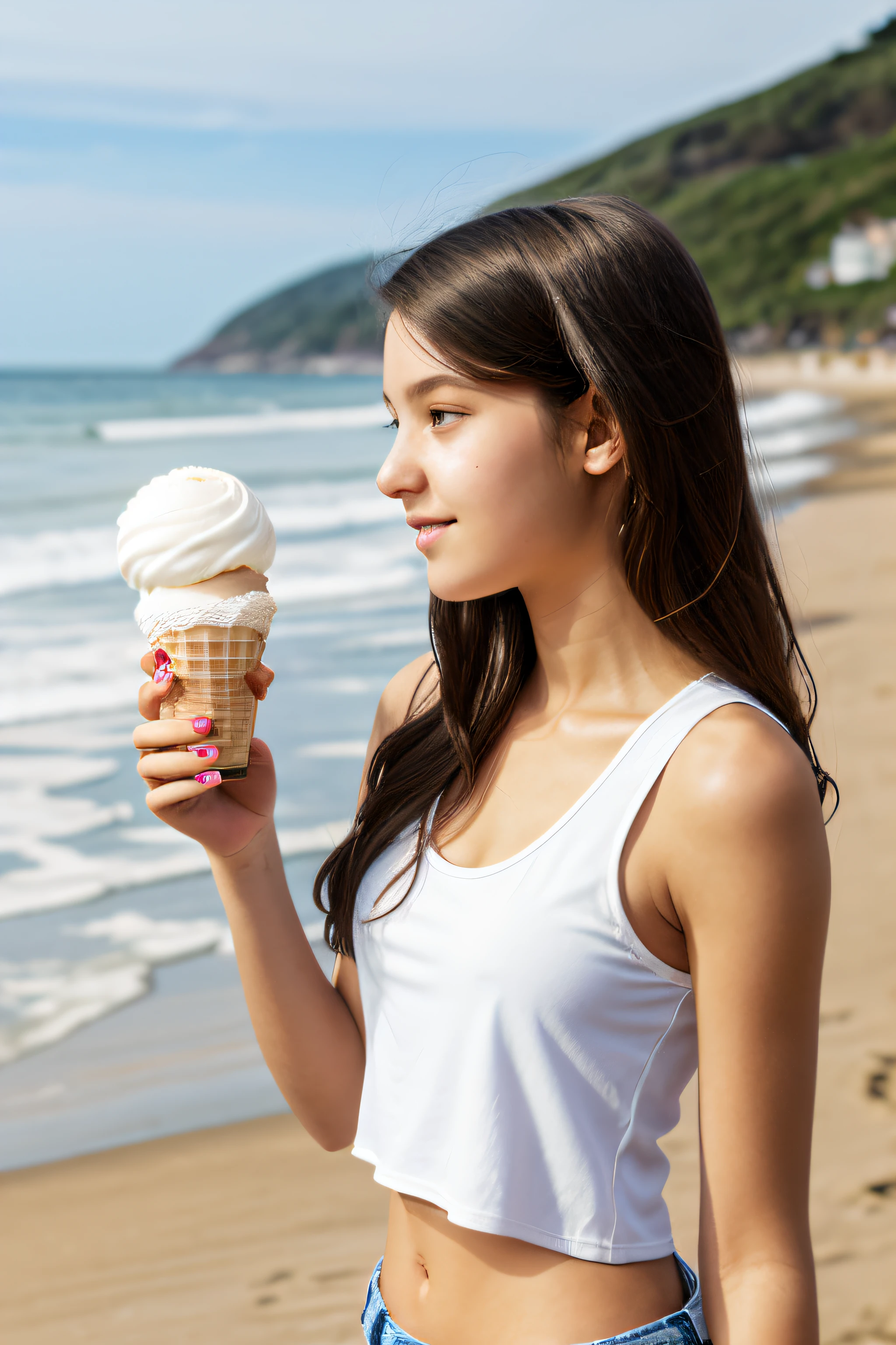 Tall figure, fair complexion, clear eyelids, bright eyes, dark brown wavy hair, wearing white navel-less tank top and blue skinny jeans holding ice cream in hand, 15 year old student showing beautiful facial details and skin texture. Looking back, 1 girl with a beach by the sea in the background. --auto